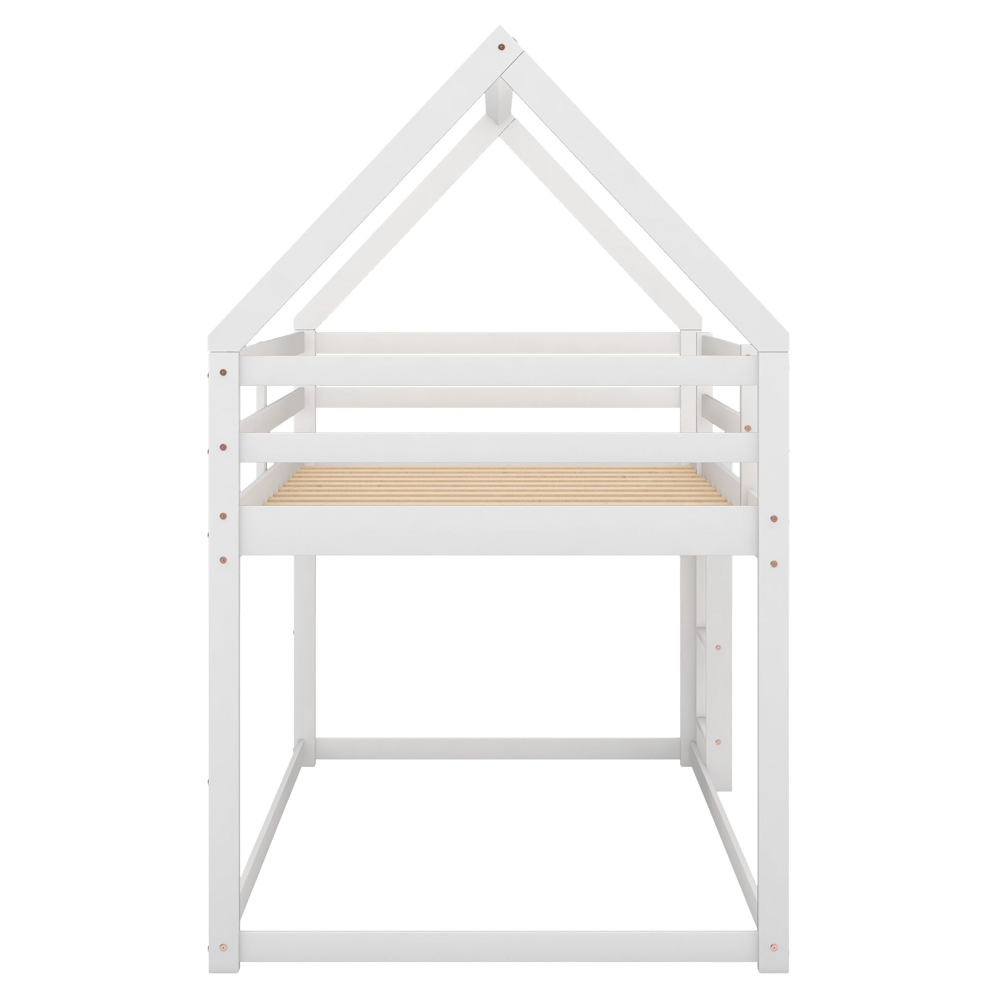 Safe Low Twin Over Twin Wood Bunk Bed with House-Shaped Frame, Ladder, White | Just Better Bunk Beds