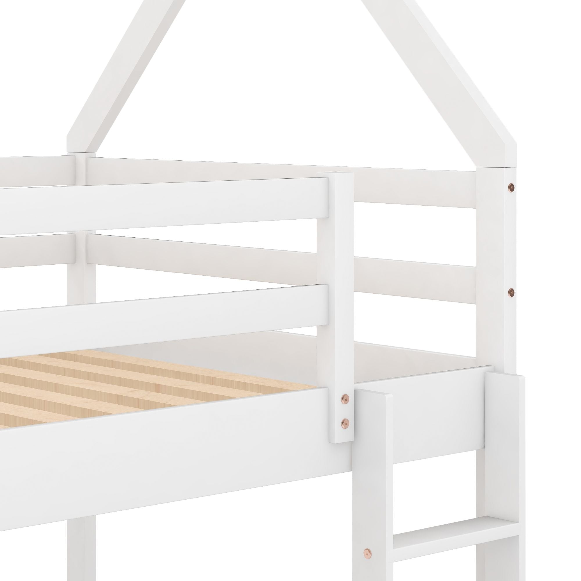 Safe Low Twin Over Twin Wood Bunk Bed with House-Shaped Frame, Ladder, White | Just Better Bunk Beds