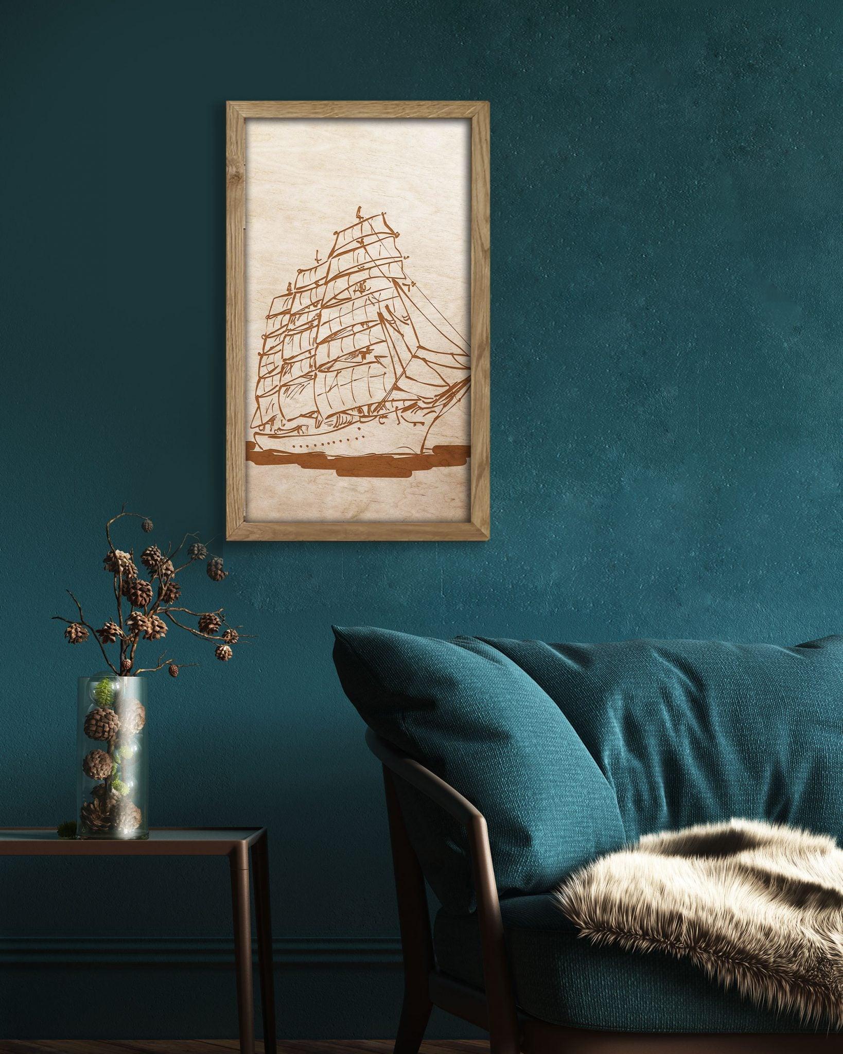 Wooden picture of Sailing ship in an oak frame - PRHOMZ
