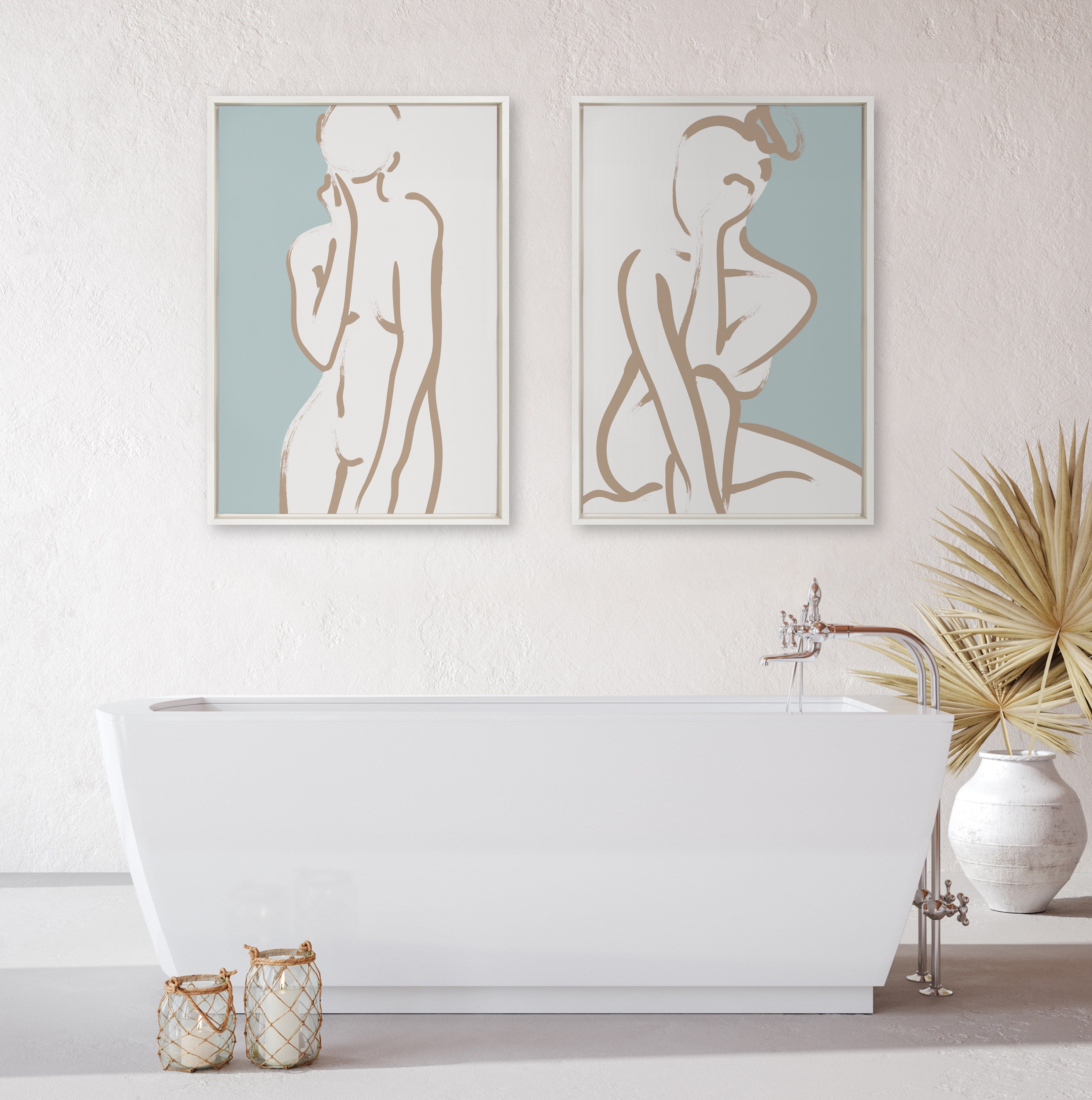 Sylvie Simple Romantic Line Art Drawing 1 Tan and Teal Framed Canvas by The Creative Bunch Studio