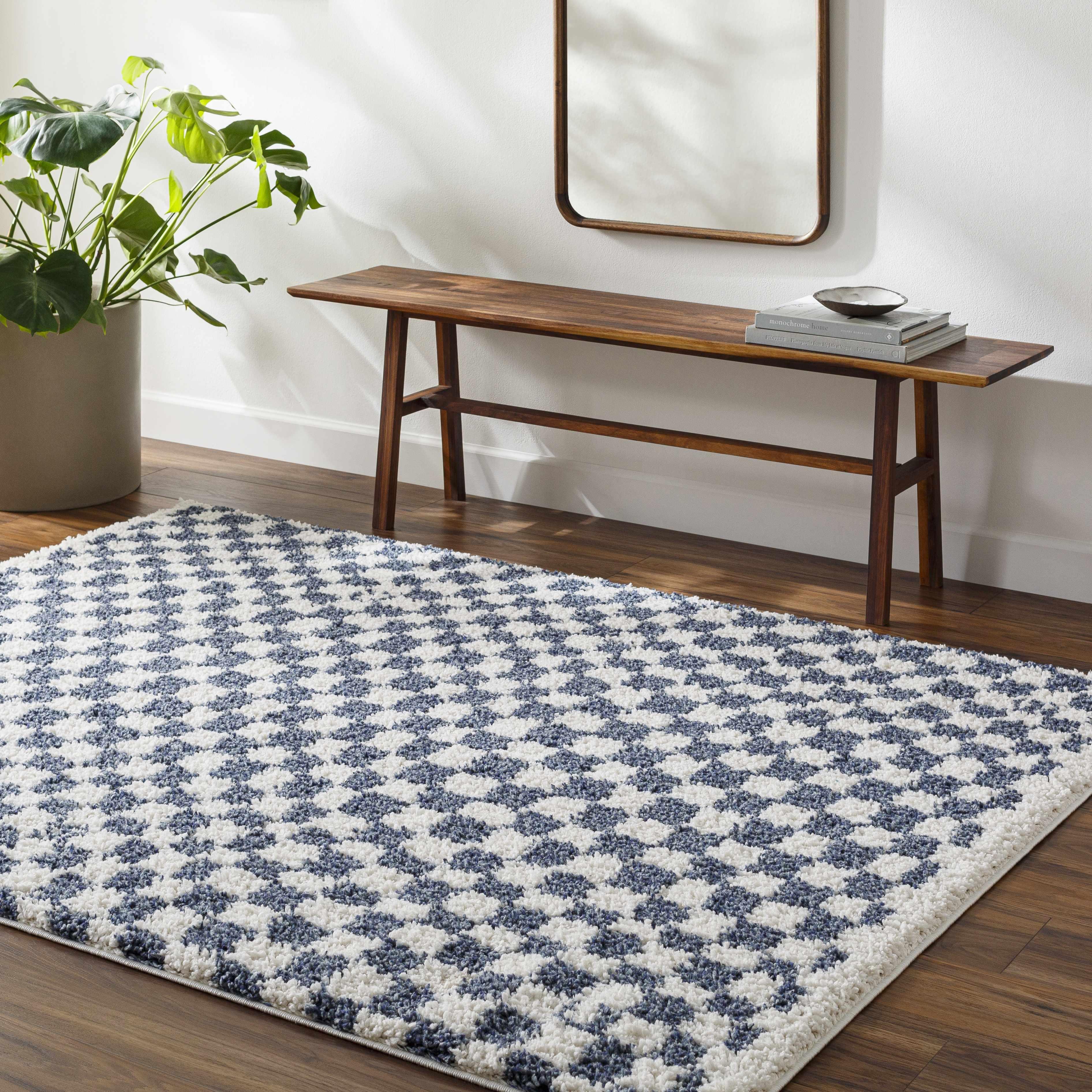 Kieu Blue & White Checkered Area Rug - PRHOMZ