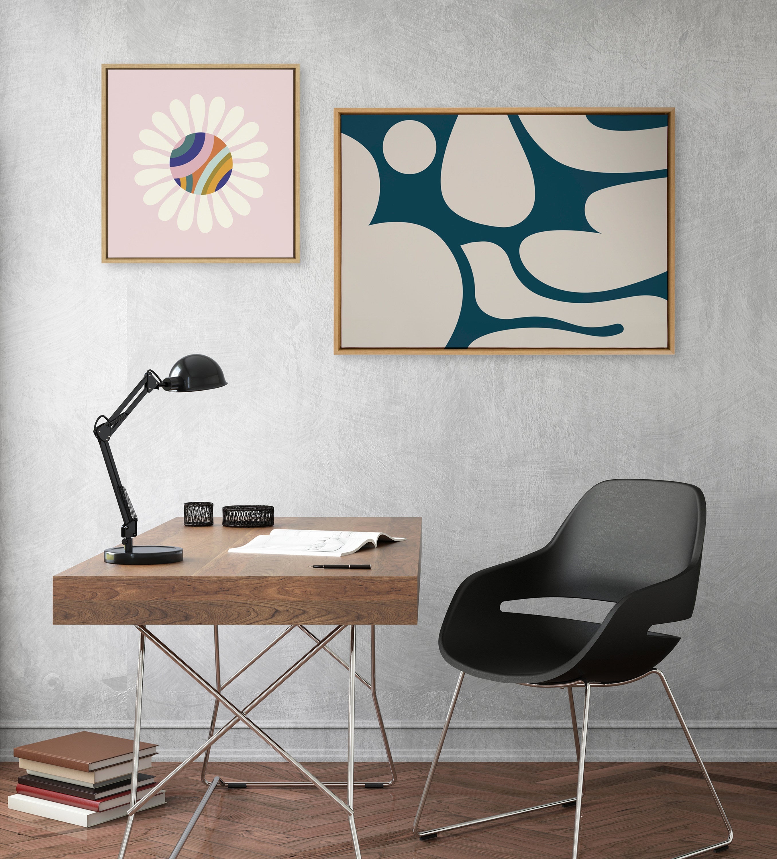 Sylvie Groovy Happy Abstract Dark Green Teal and Tan Framed Canvas by The Creative Bunch Studio