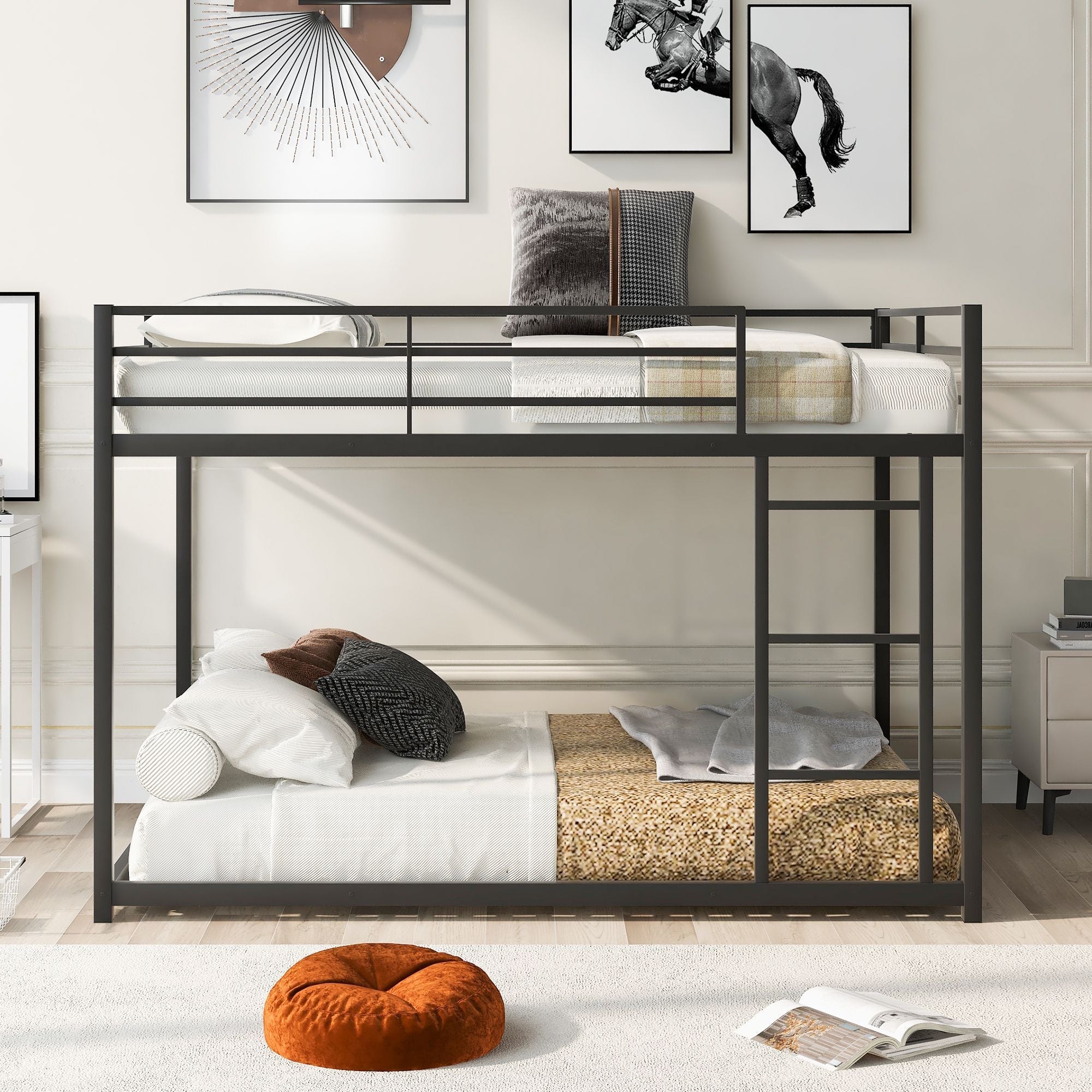 Shared Kids Room Full Over Full Metal Bunk Bed with Ladder, Black, Low Profile | Just Better Bunk Beds