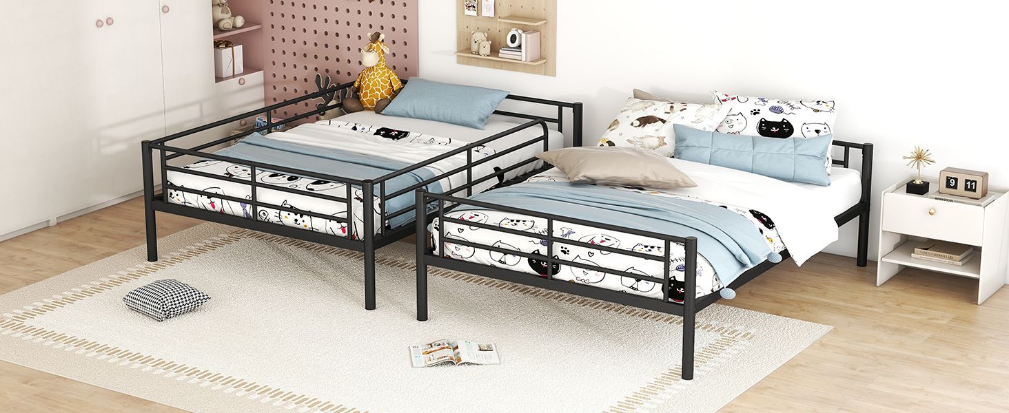 Shared Kids Room Full Over Full Metal Bunk Bed with Safety Guardrails and Ladder, Black | Just Better Bunk Beds