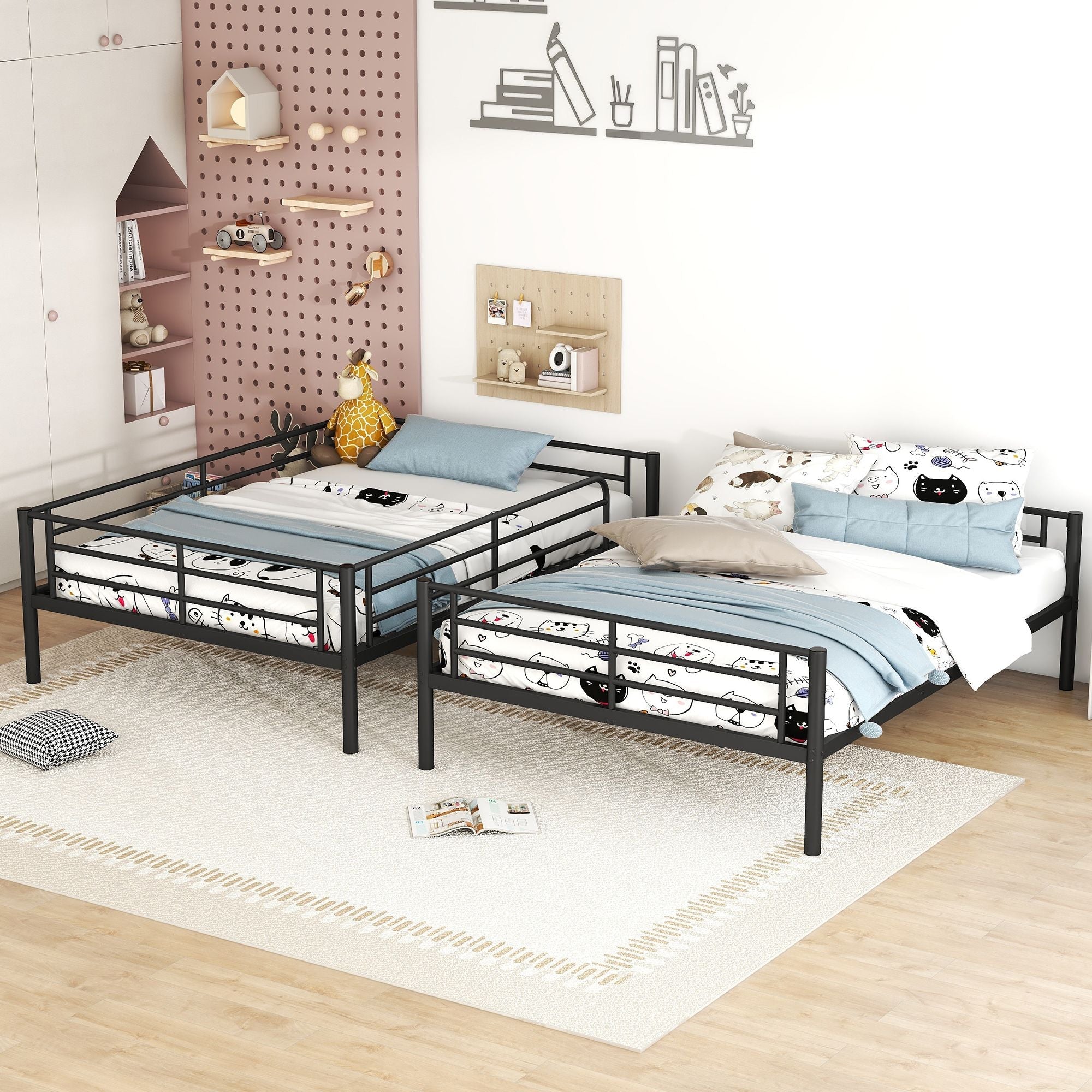 Shared Kids Room Full Over Full Metal Bunk Bed with Safety Guardrails and Ladder, Black | Just Better Bunk Beds