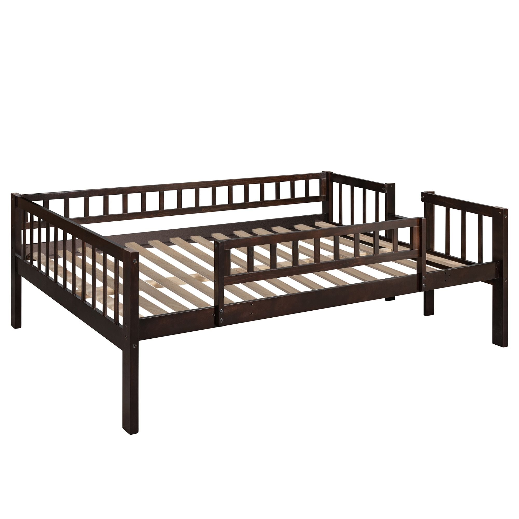 Shared Kids Room Full Over Full Over Full Wood Triple Bunk Bed with Ladder, Slide, Guardrails, Espresso | Just Better Bunk Beds