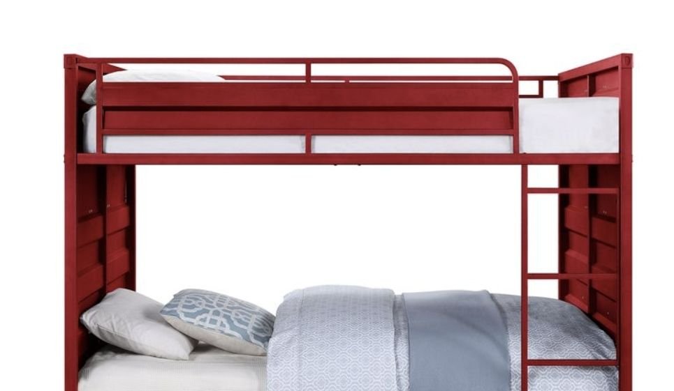 Shared Kids Room Full Over Full Wood Bunk Bed with Cargo Red Finish | Just Better Bunk Beds