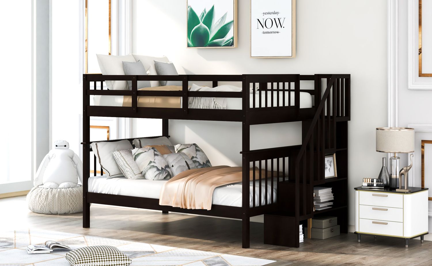 Shared Kids Room Full Over Full Wood Bunk Bed with Stair Storage Drawers and Guard Rail, Espresso | Just Better Bunk Beds