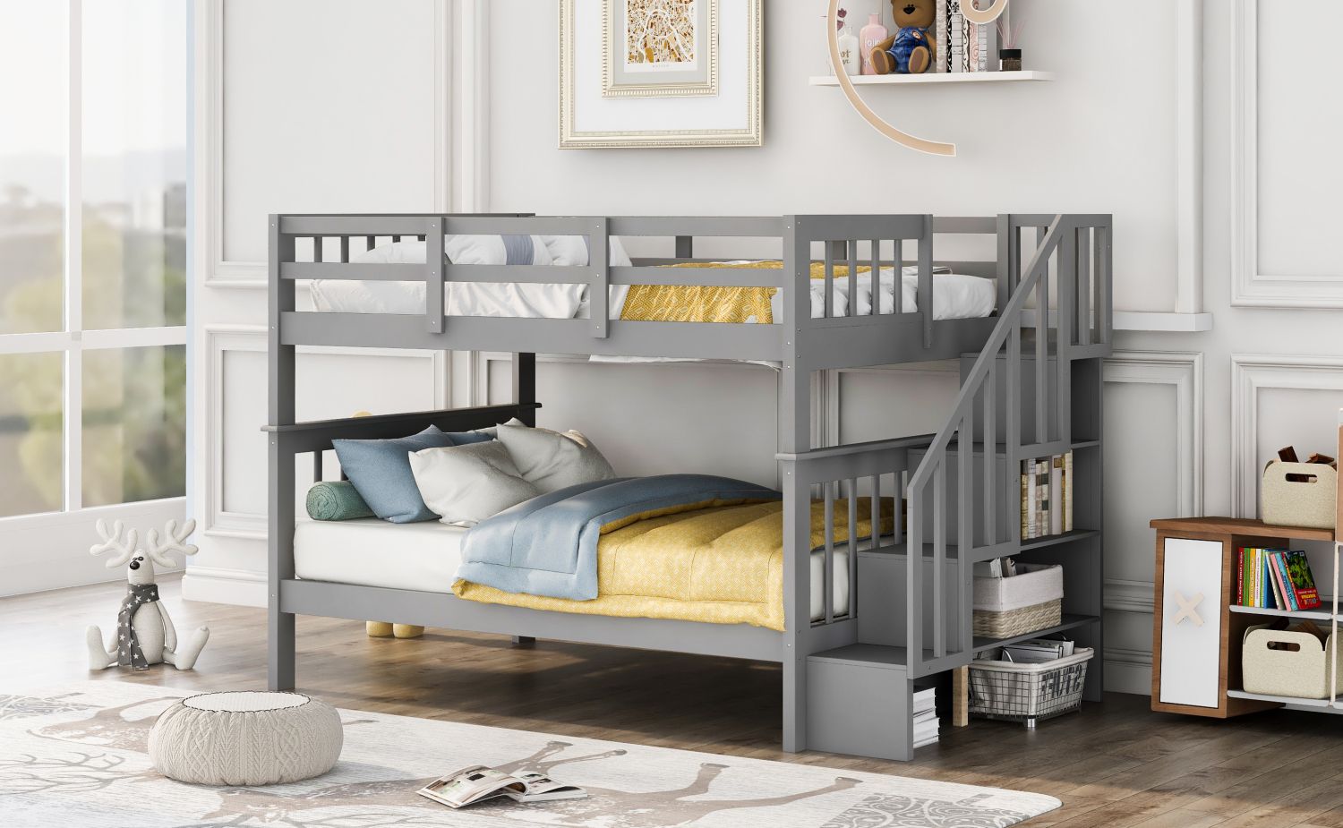 Shared Kids Room Full-Over-Full Wood Bunk Bed with Stairway Storage Drawers and Guard Rails Gray | Just Better Bunk Beds