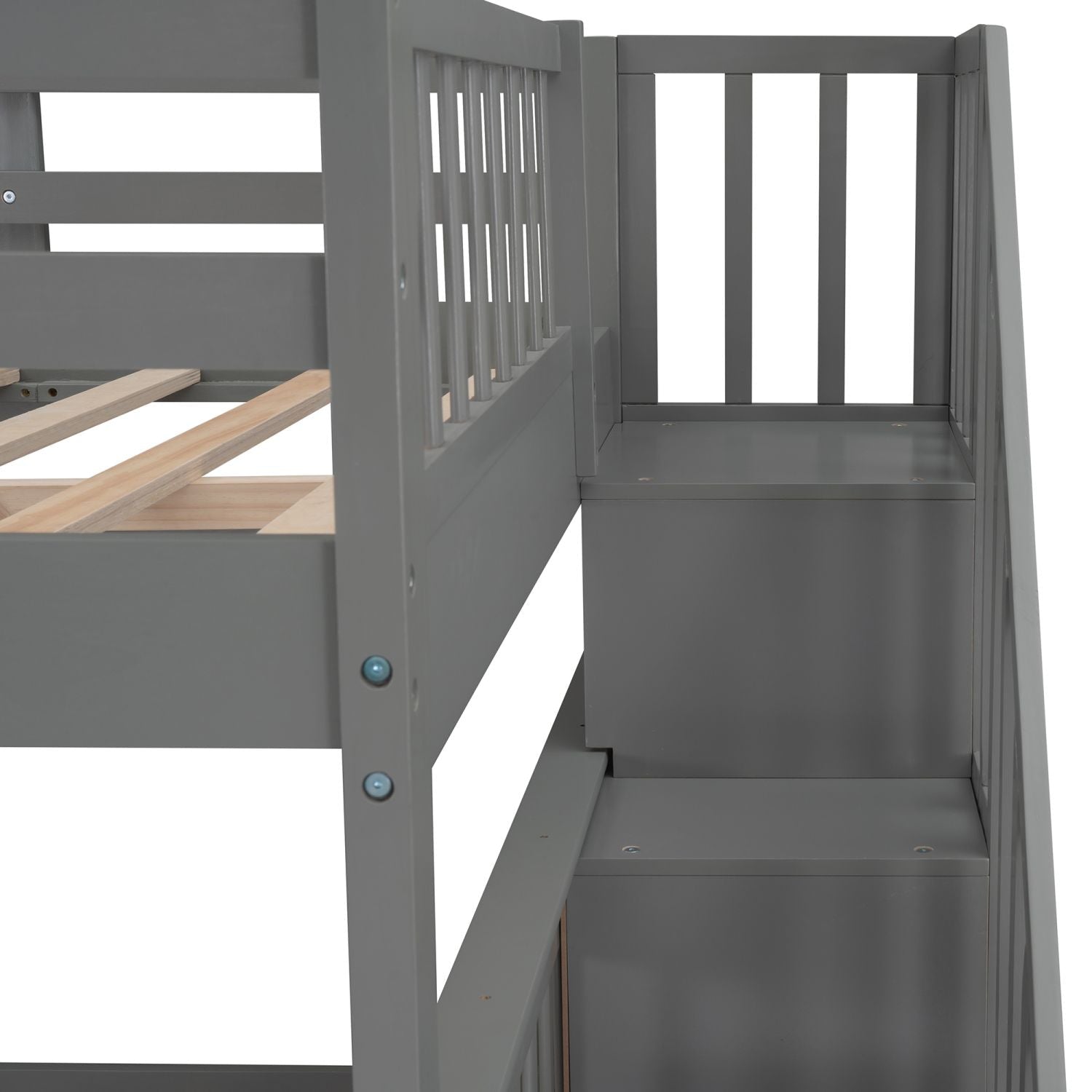 Shared Kids Room Full-Over-Full Wood Bunk Bed with Stairway Storage Drawers and Guard Rails Gray | Just Better Bunk Beds