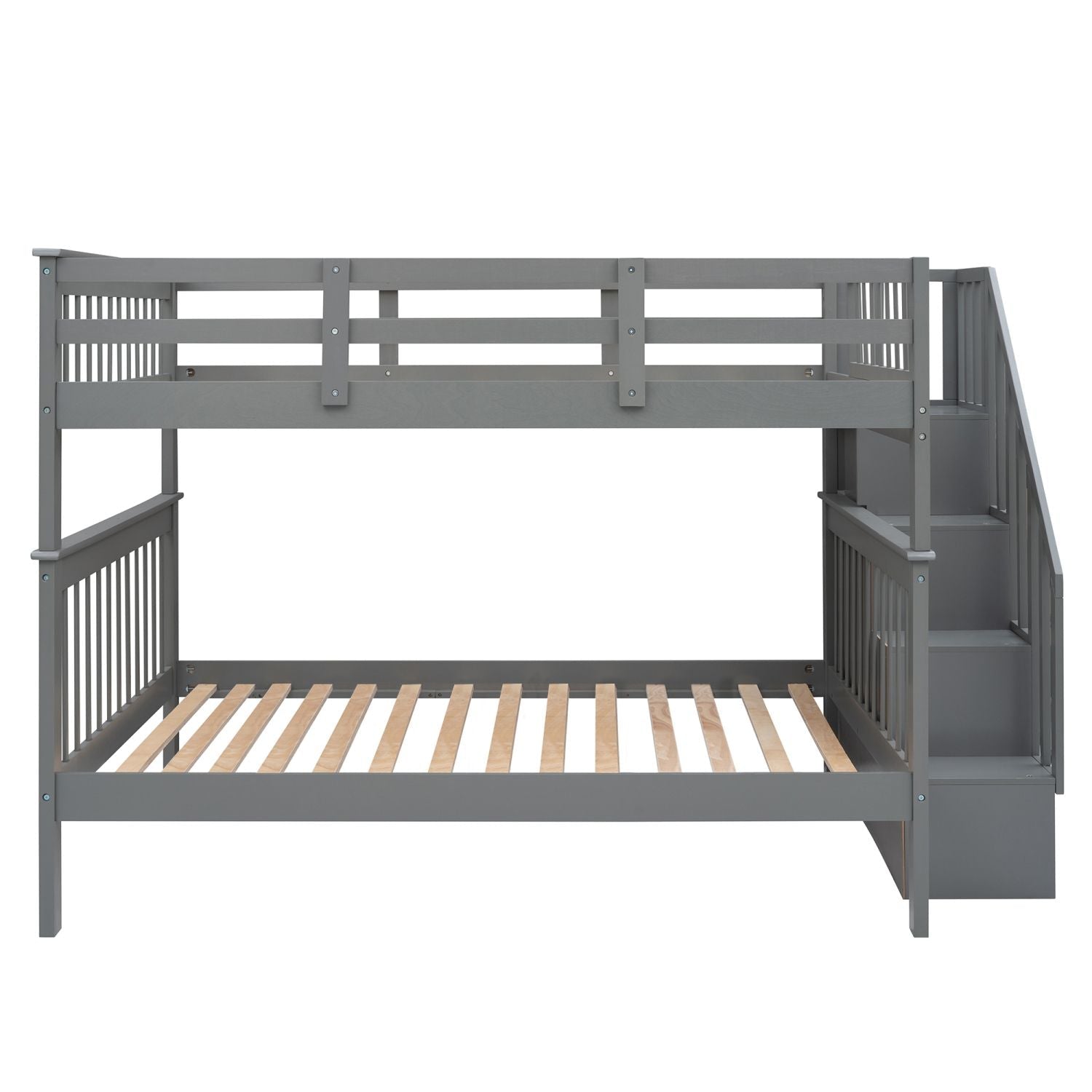 Shared Kids Room Full-Over-Full Wood Bunk Bed with Stairway Storage Drawers and Guard Rails Gray | Just Better Bunk Beds
