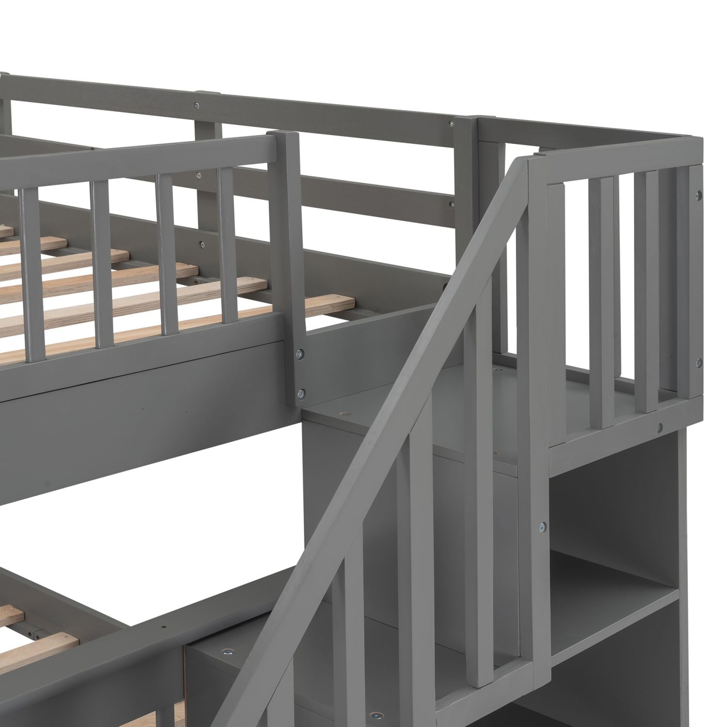 Shared Kids Room Full-Over-Full Wood Bunk Bed with Stairway Storage Drawers and Guard Rails Gray | Just Better Bunk Beds