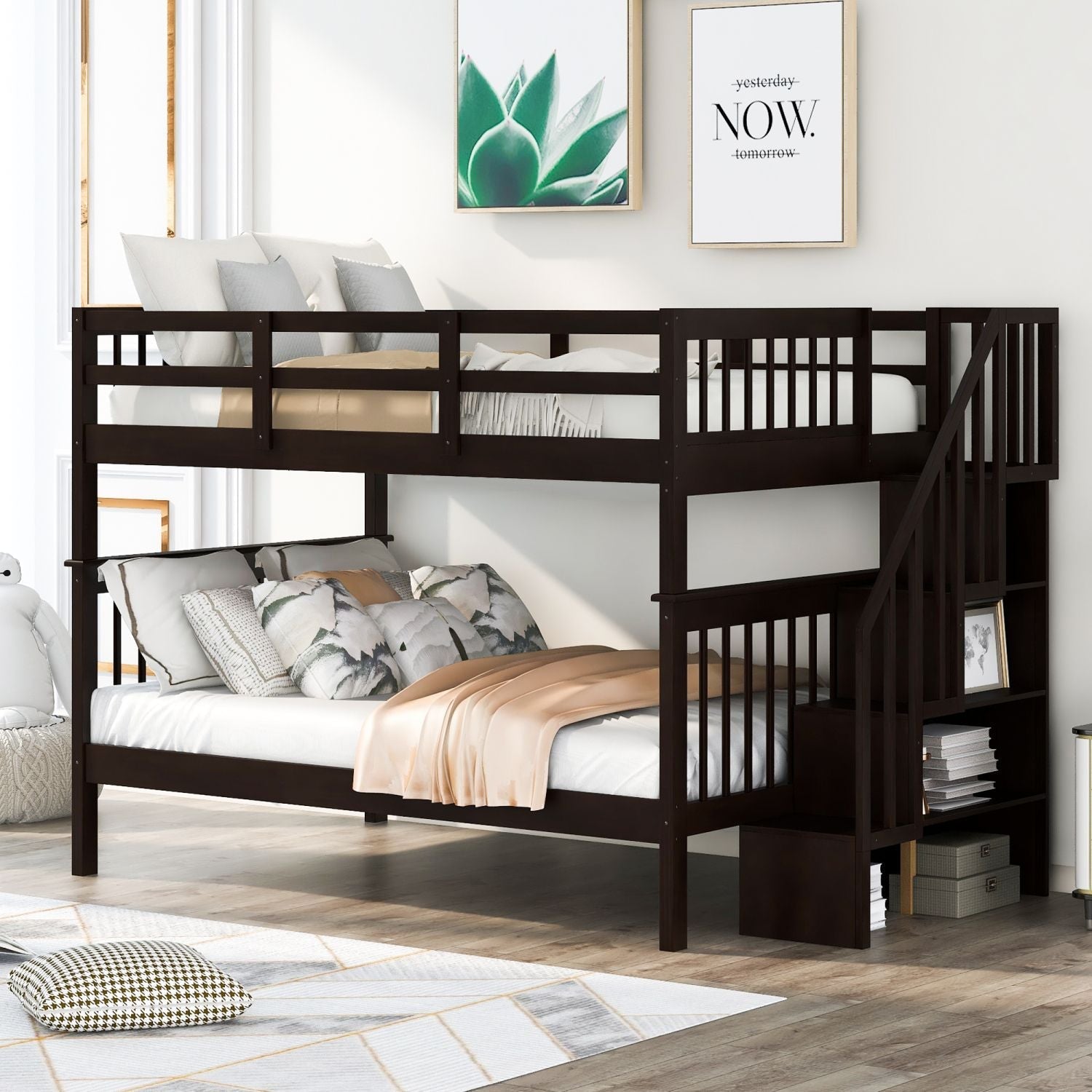 Shared Kids Room Full Over Full Wood Bunk Bed with Stairway Storage Drawers Espresso | Just Better Bunk Beds