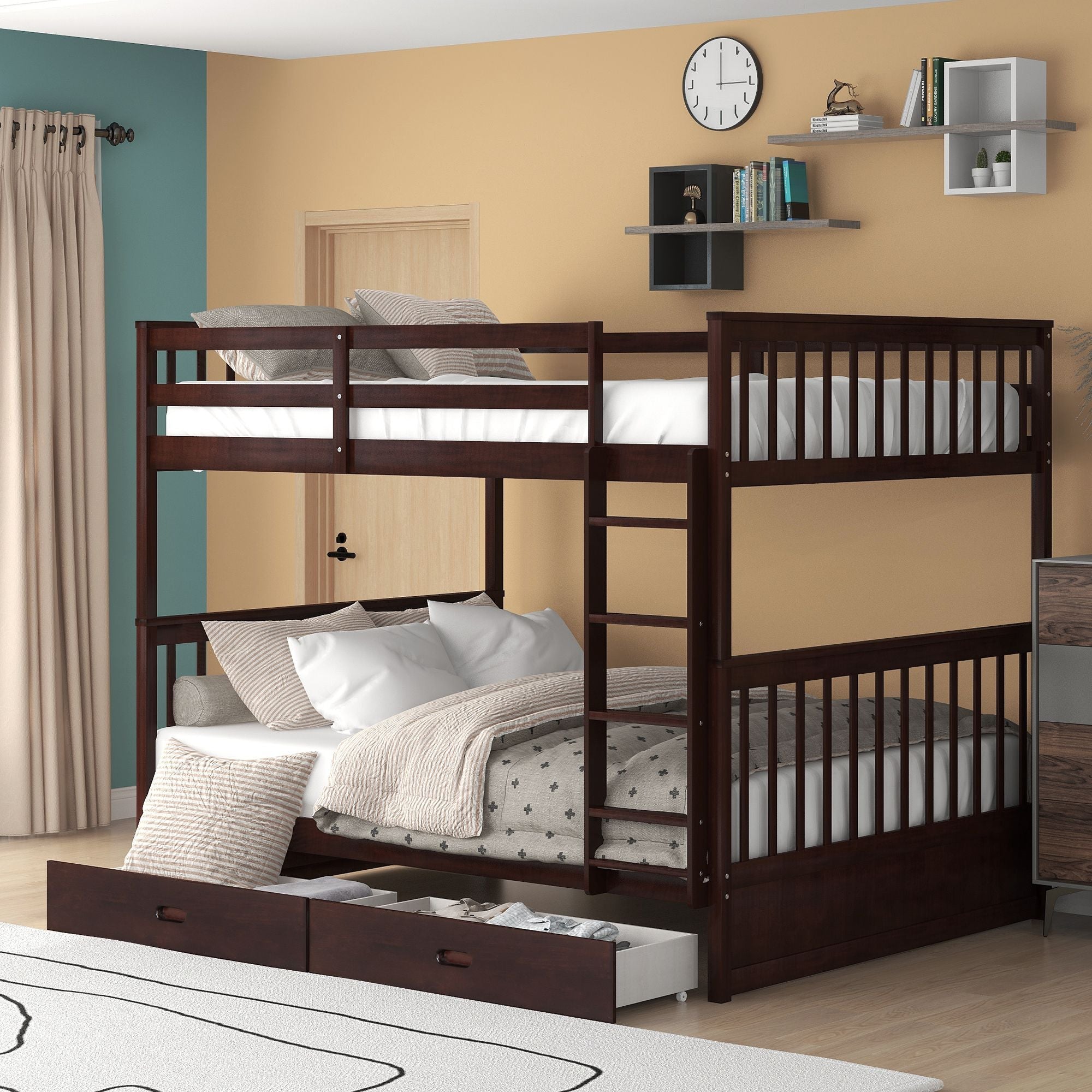 Shared Kids Room Full Over Full Wood Bunk Bed with Storage Drawers and Ladder, Espresso | Just Better Bunk Beds