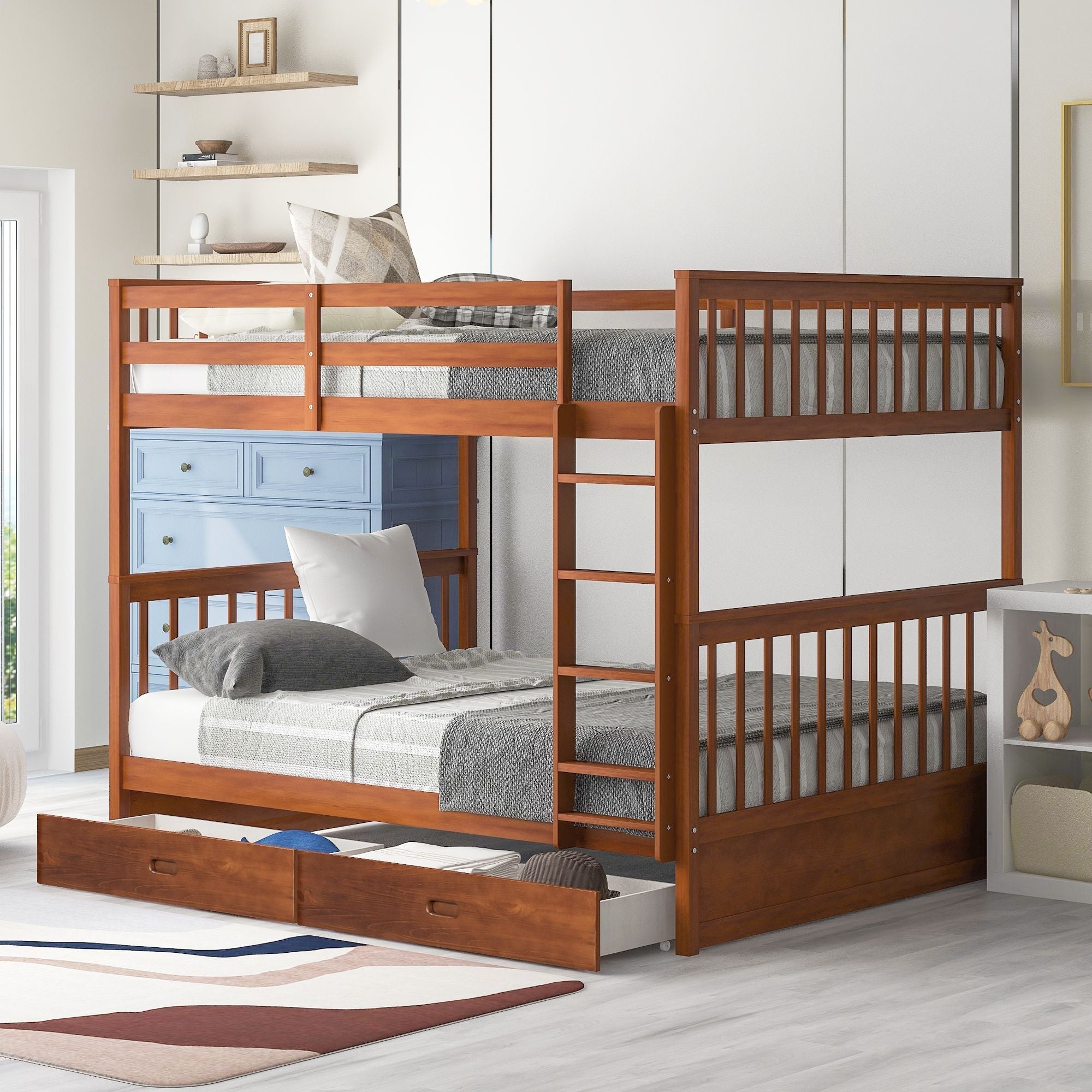 Shared Kids Room Full Over Full Wood Bunk Bed with Storage Drawers and Ladders Walnut Finish | Just Better Bunk Beds