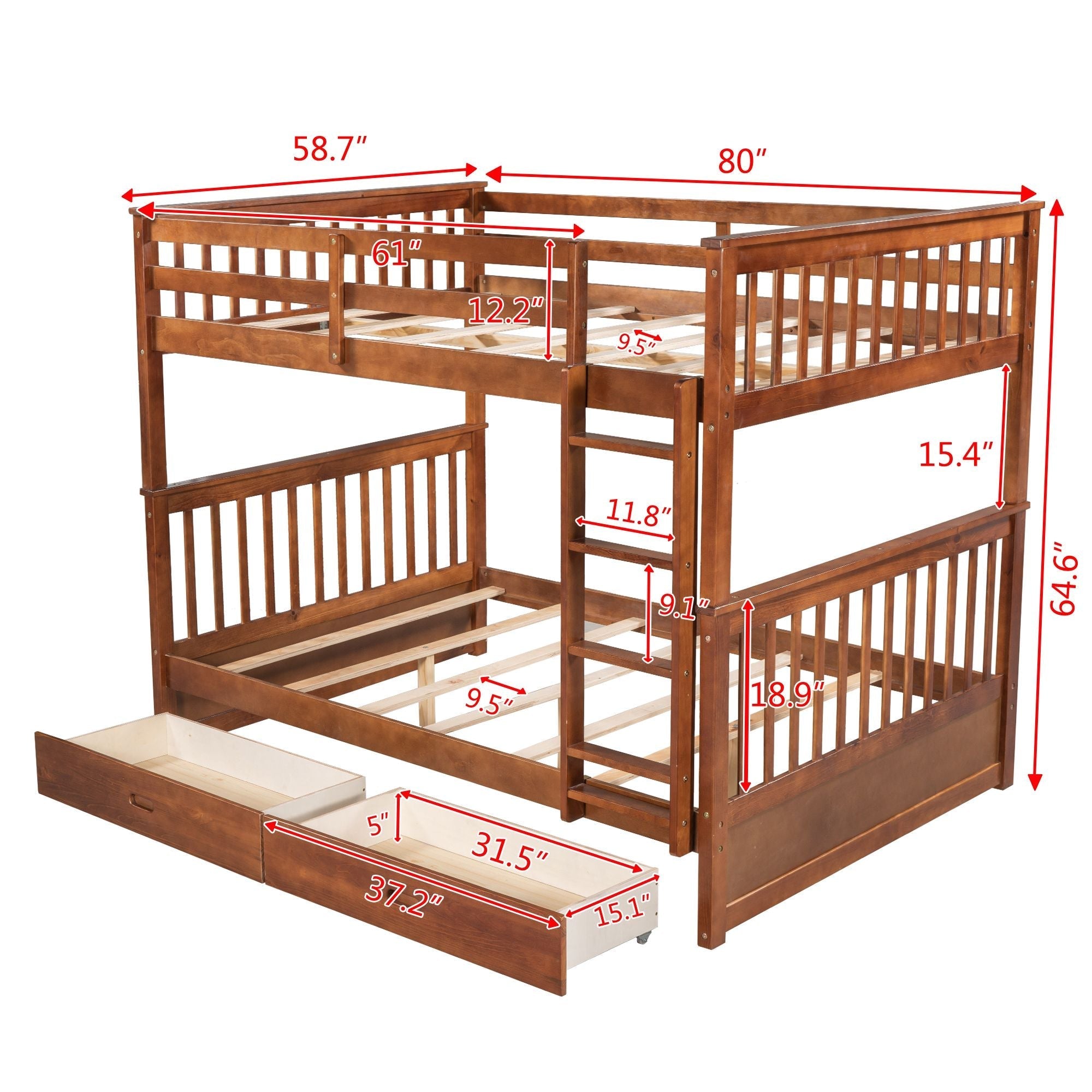 Shared Kids Room Full Over Full Wood Bunk Bed with Storage Drawers and Ladders Walnut Finish | Just Better Bunk Beds