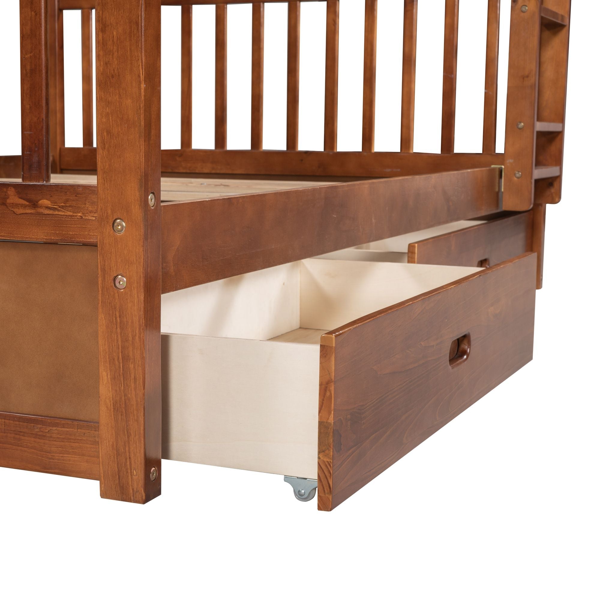 Shared Kids Room Full Over Full Wood Bunk Bed with Storage Drawers and Ladders Walnut Finish | Just Better Bunk Beds