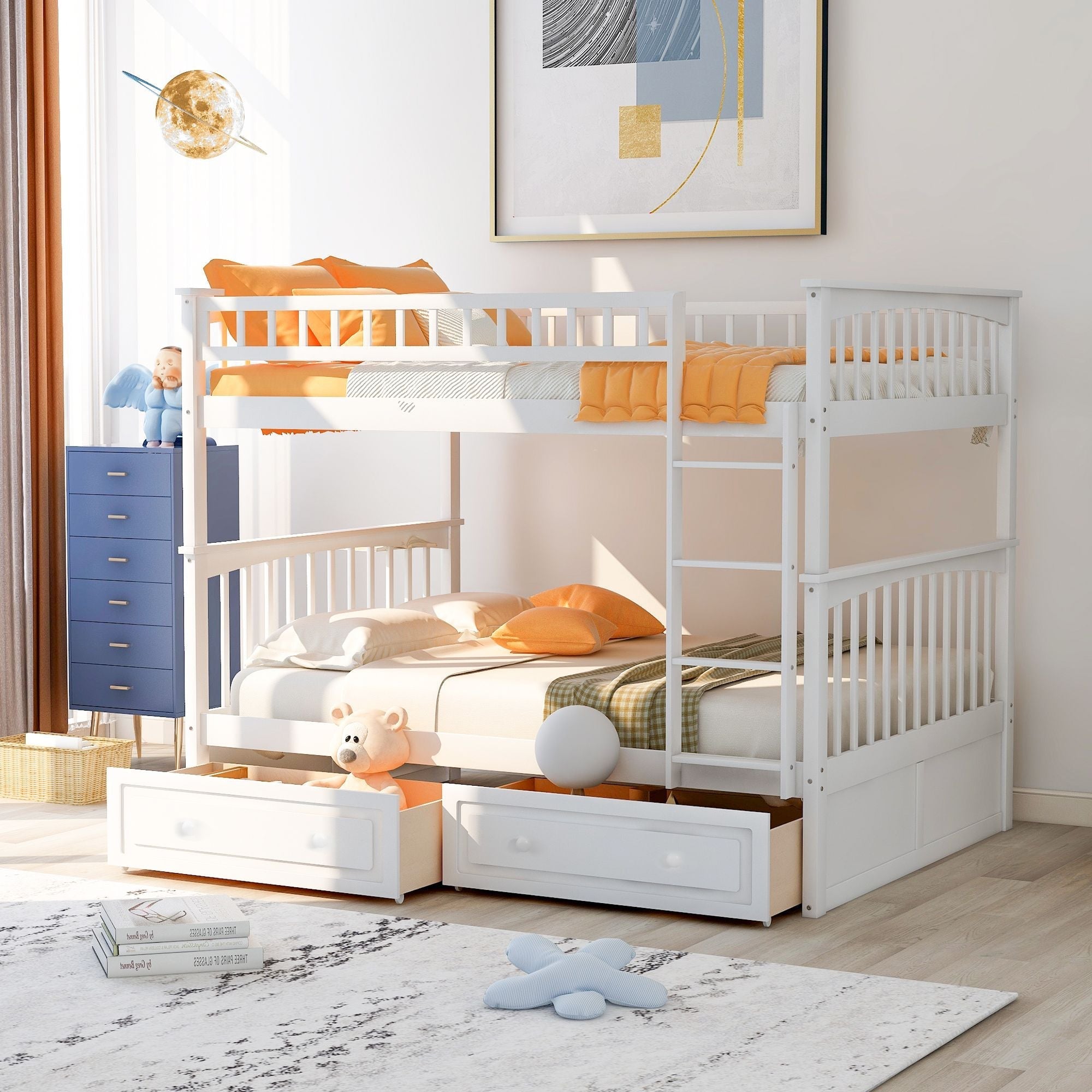 Shared Kids Room Full Over Full Wood Bunk Bed with Storage Drawers, Convertible, White | Just Better Bunk Beds