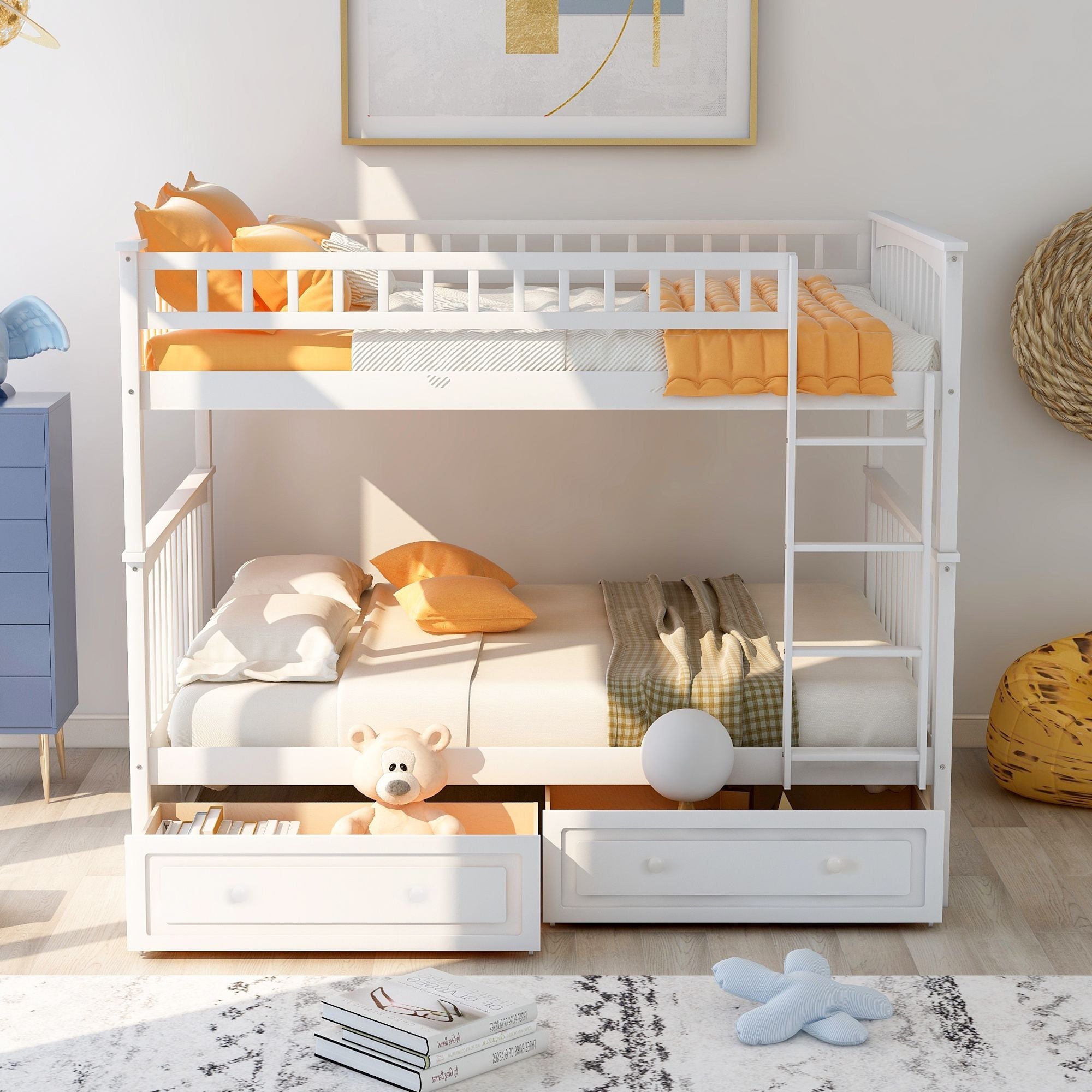 Shared Kids Room Full Over Full Wood Bunk Bed with Storage Drawers, Convertible, White | Just Better Bunk Beds