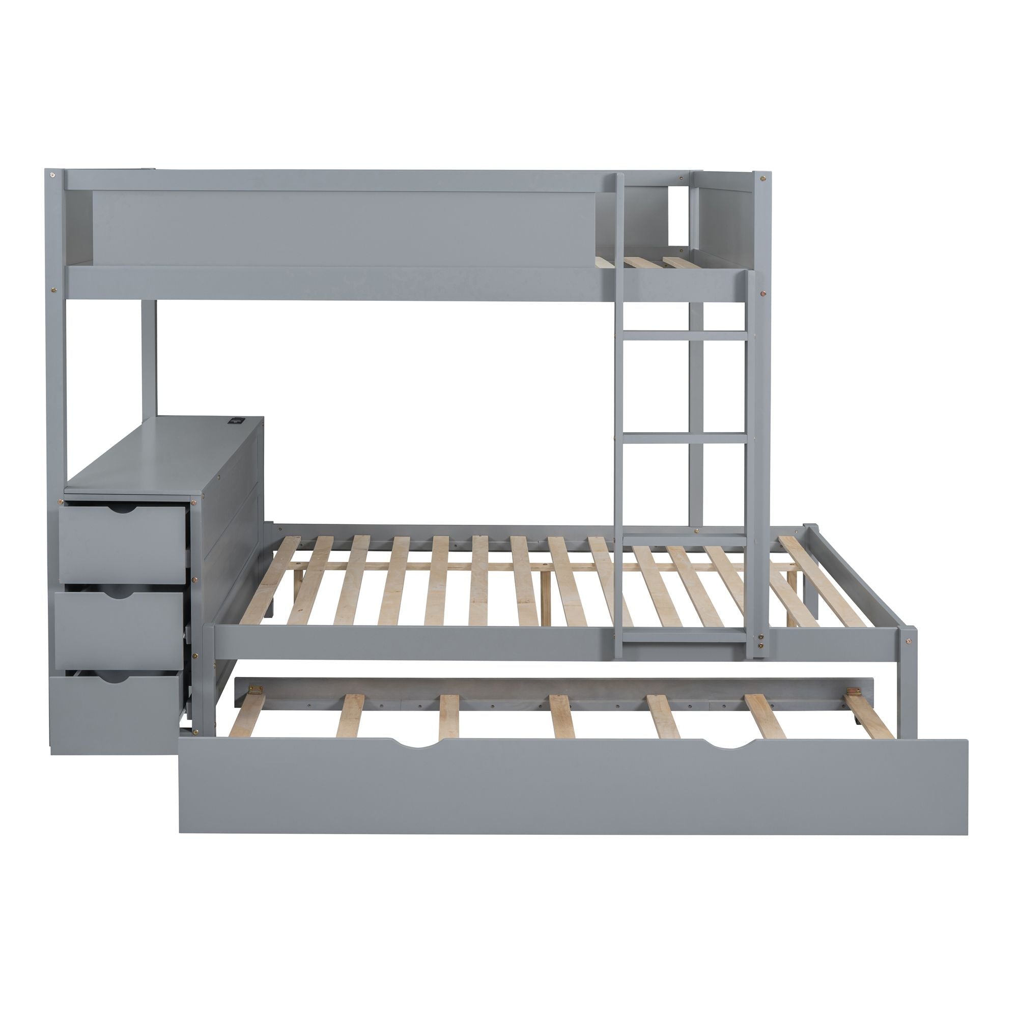 Shared Kids Room Full Over Full Wood Bunk Bed with Twin Trundle, Storage & Desk, Gray | Just Better Bunk Beds