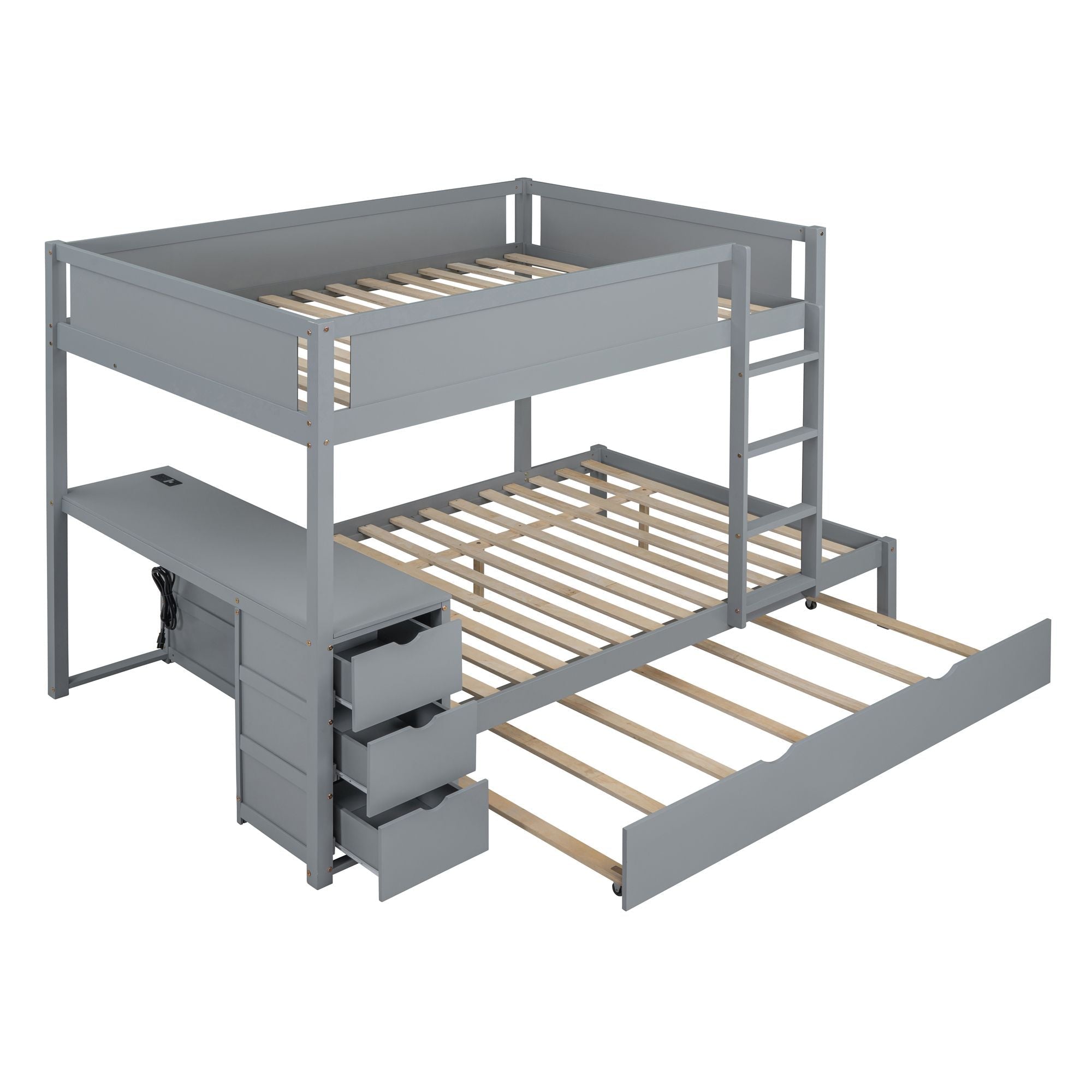 Shared Kids Room Full Over Full Wood Bunk Bed with Twin Trundle, Storage & Desk, Gray | Just Better Bunk Beds