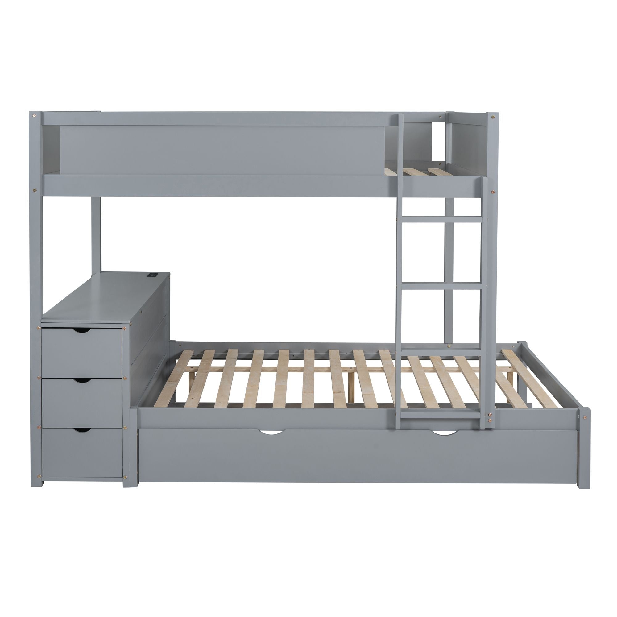Shared Kids Room Full Over Full Wood Bunk Bed with Twin Trundle, Storage & Desk, Gray | Just Better Bunk Beds