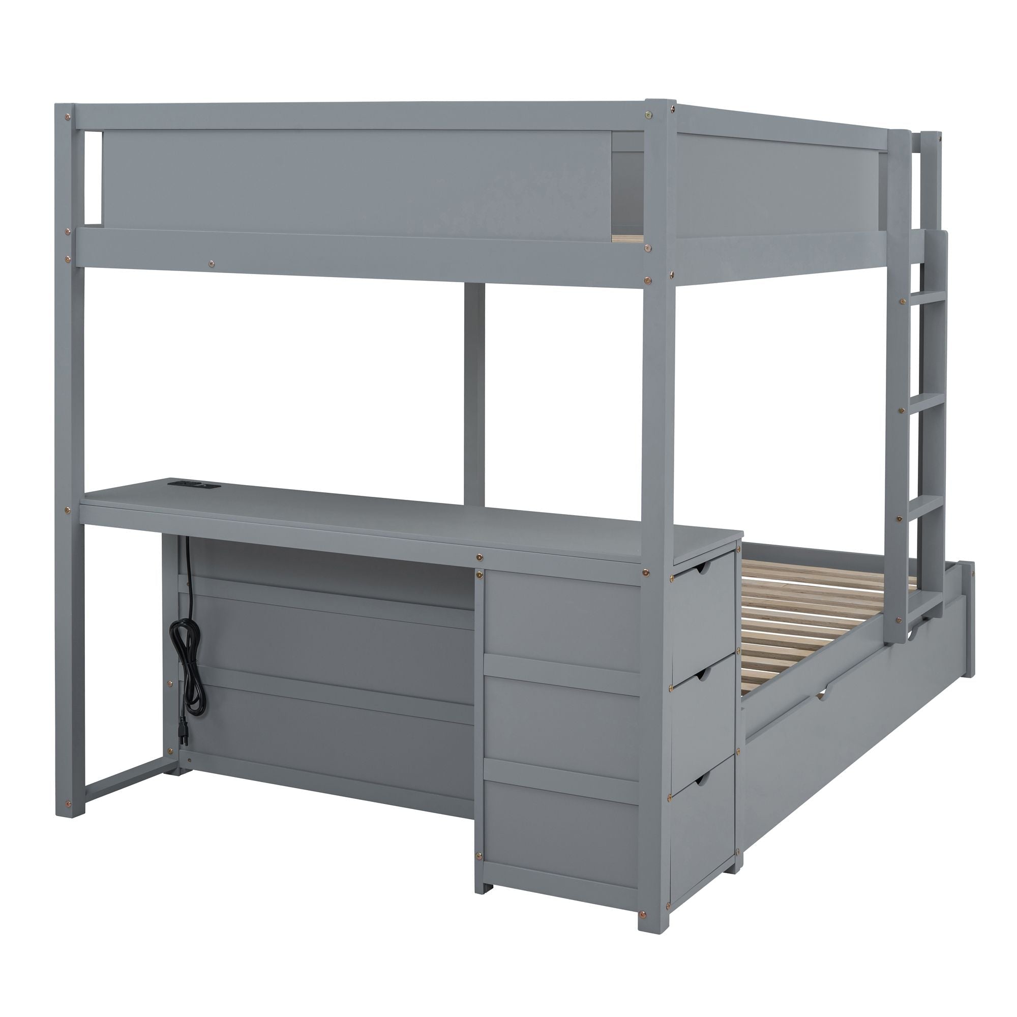 Shared Kids Room Full Over Full Wood Bunk Bed with Twin Trundle, Storage & Desk, Gray | Just Better Bunk Beds