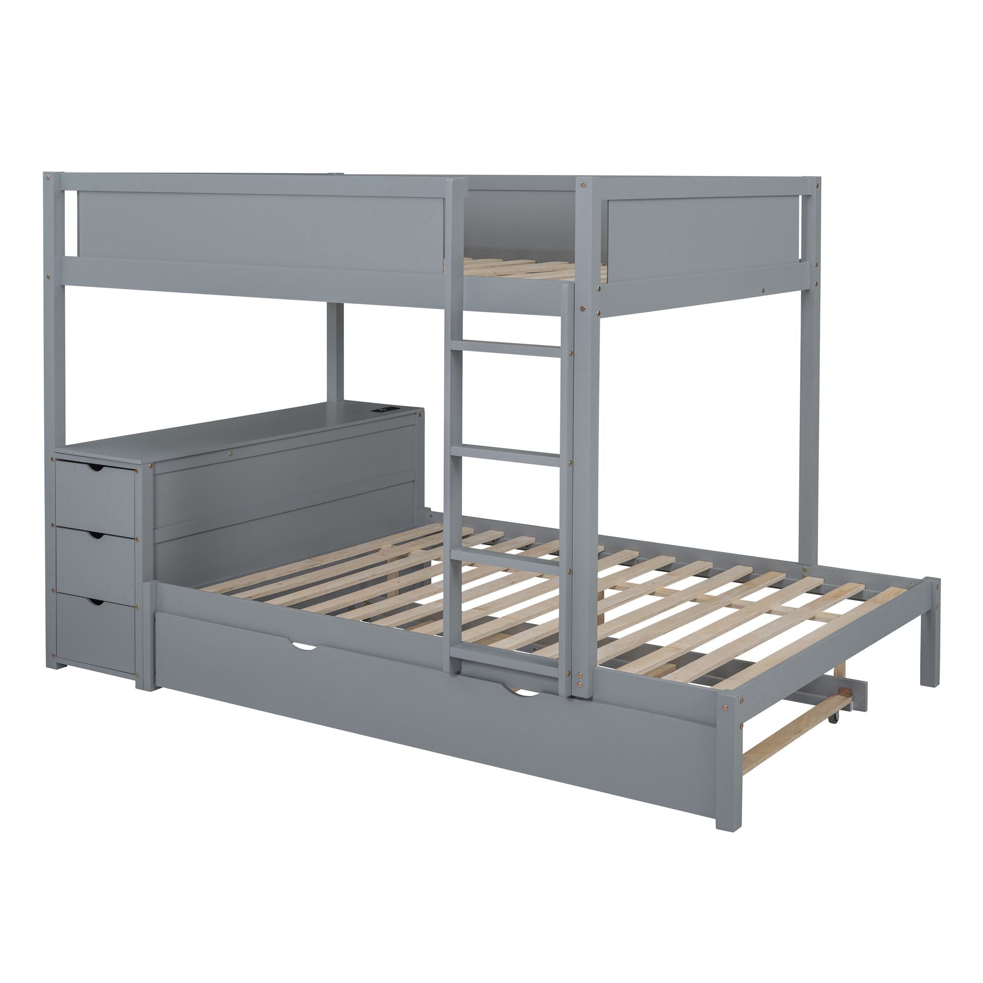 Shared Kids Room Full Over Full Wood Bunk Bed with Twin Trundle, Storage & Desk, Gray | Just Better Bunk Beds