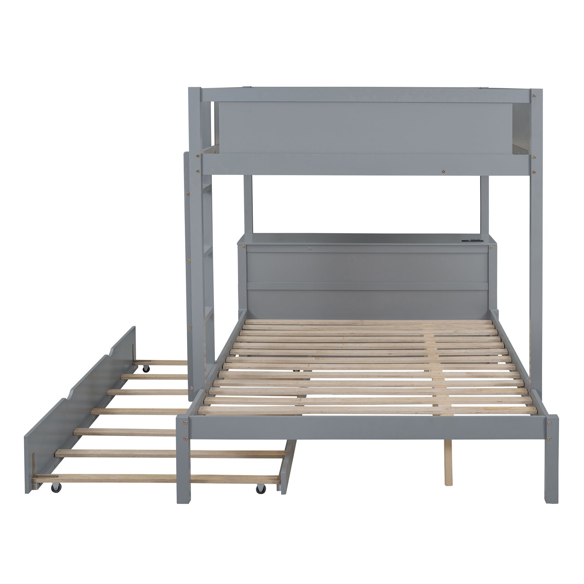 Shared Kids Room Full Over Full Wood Bunk Bed with Twin Trundle, Storage & Desk, Gray | Just Better Bunk Beds