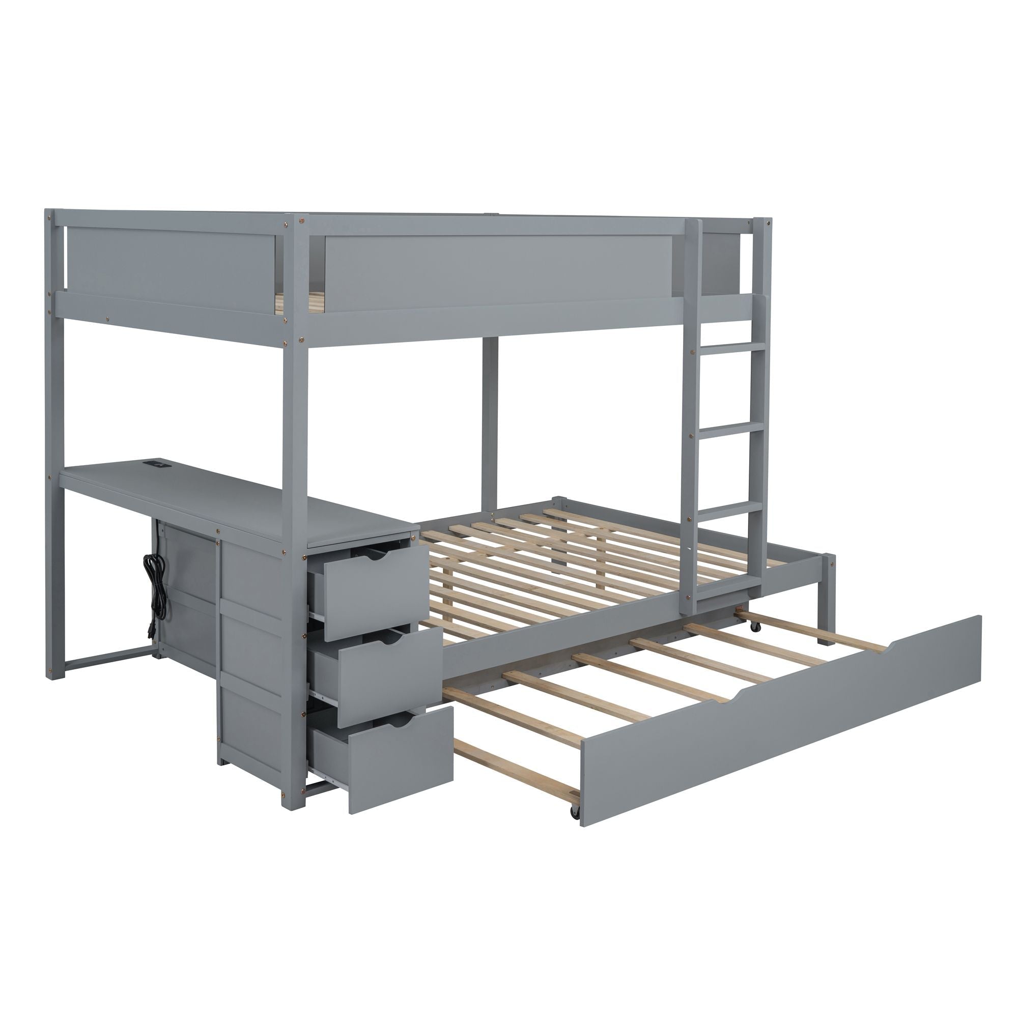 Shared Kids Room Full Over Full Wood Bunk Bed with Twin Trundle, Storage & Desk, Gray | Just Better Bunk Beds