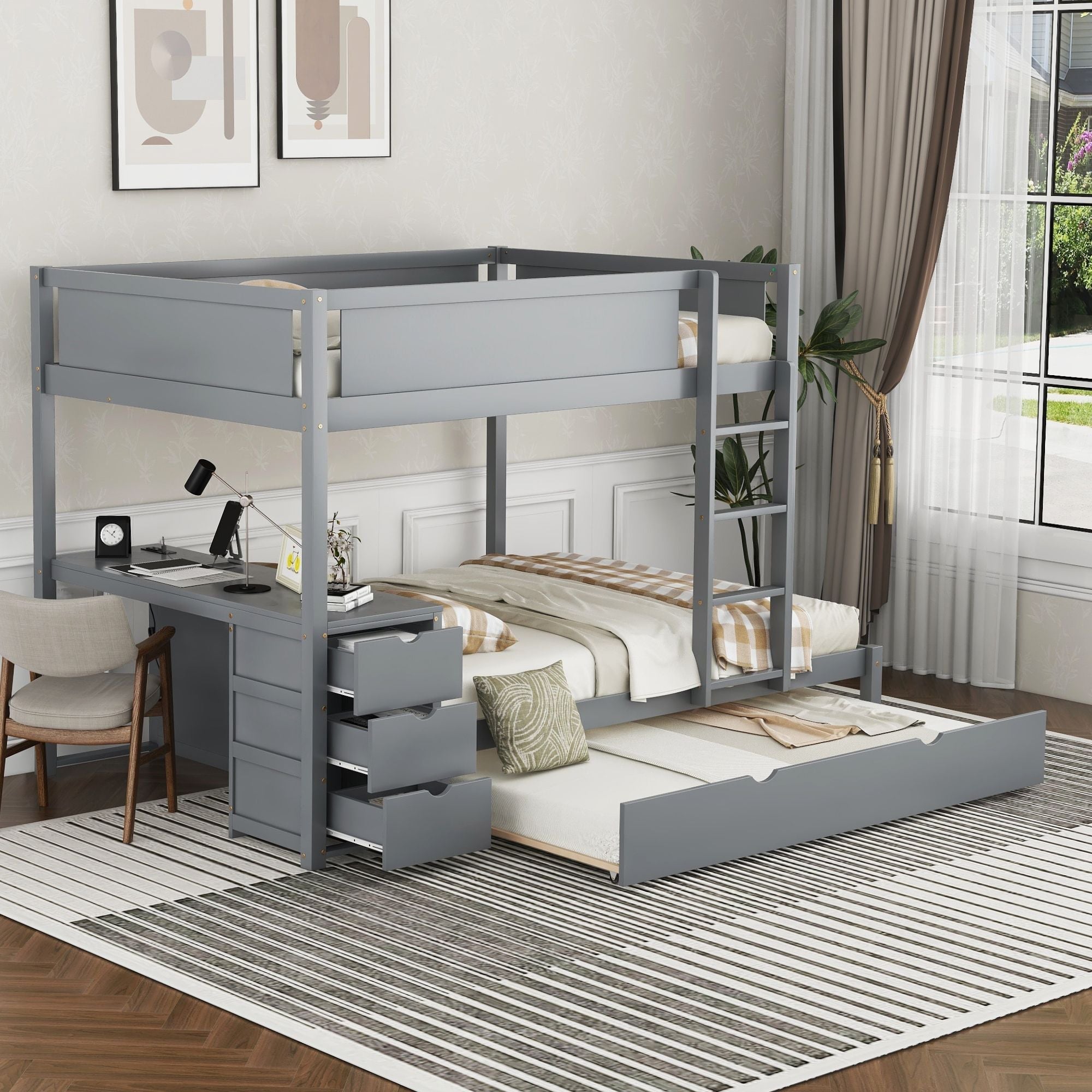 Shared Kids Room Full Over Full Wood Bunk Bed with Twin Trundle, Storage & Desk, Gray | Just Better Bunk Beds
