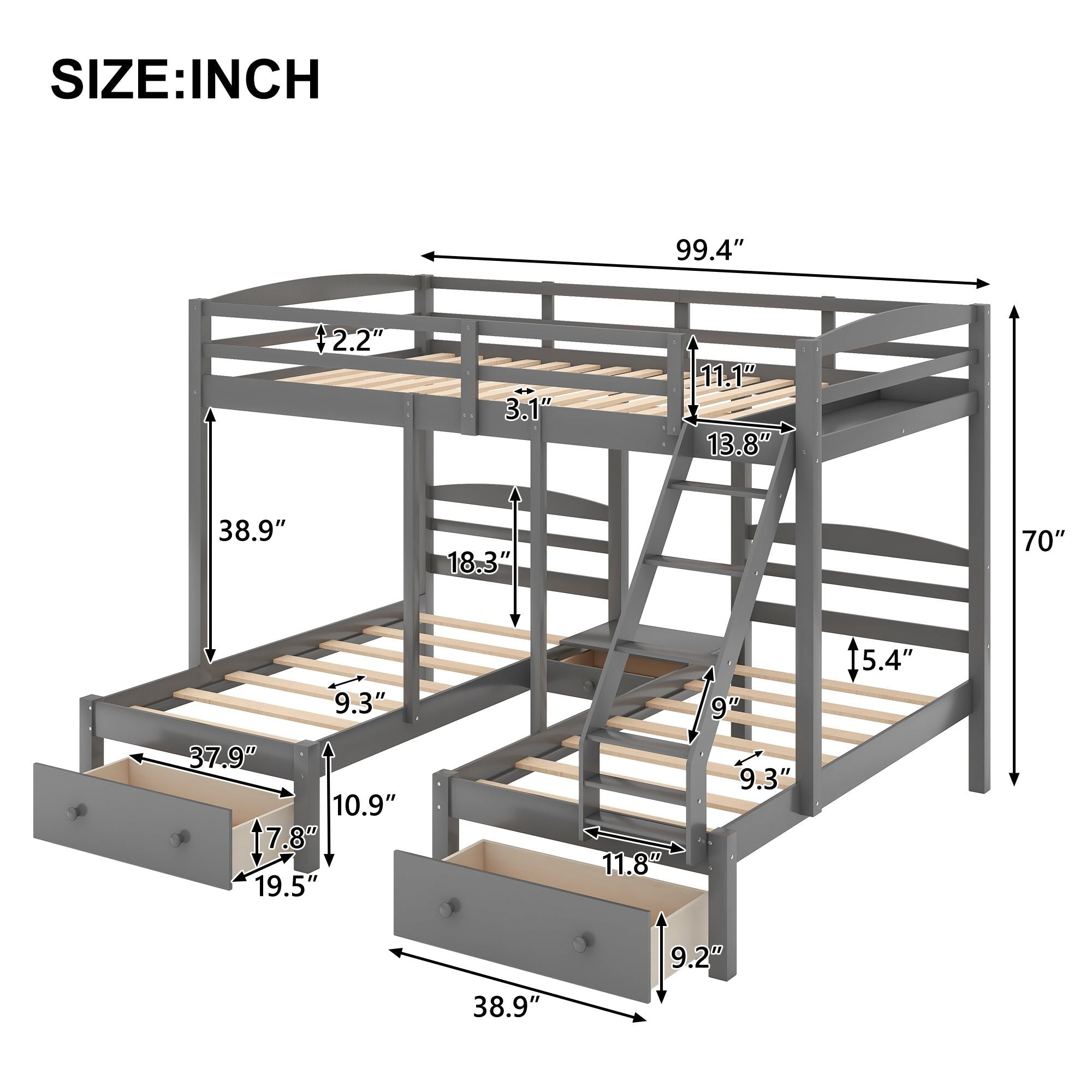Shared Kids Room Full Over Twin and Twin Triple Wood Bunk Bed with Drawers Gray | Just Better Bunk Beds
