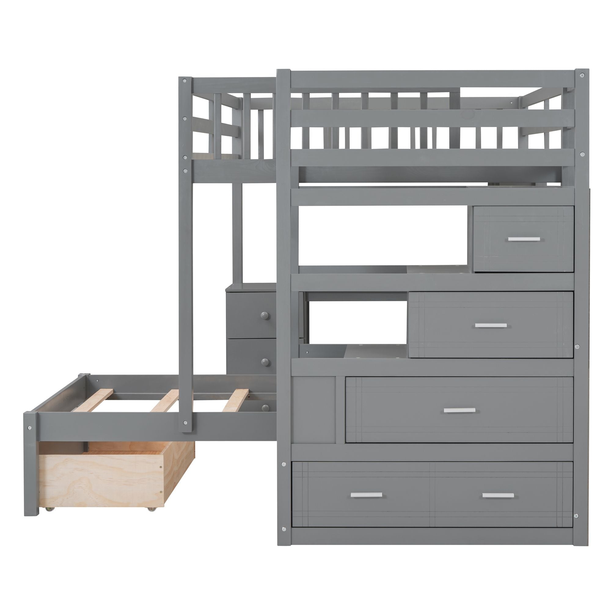 Shared Kids Room Full Over Twin Wood Bunk Bed with Desk, Drawers, Shelves Gray | Just Better Bunk Beds