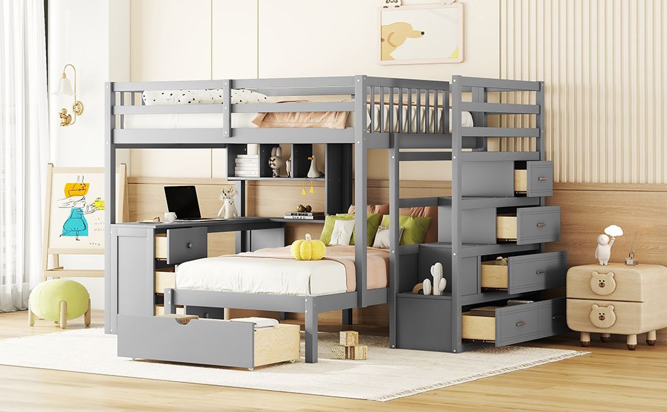 Shared Kids Room Full Over Twin Wood Bunk Bed with Desk, Drawers, Shelves Gray | Just Better Bunk Beds