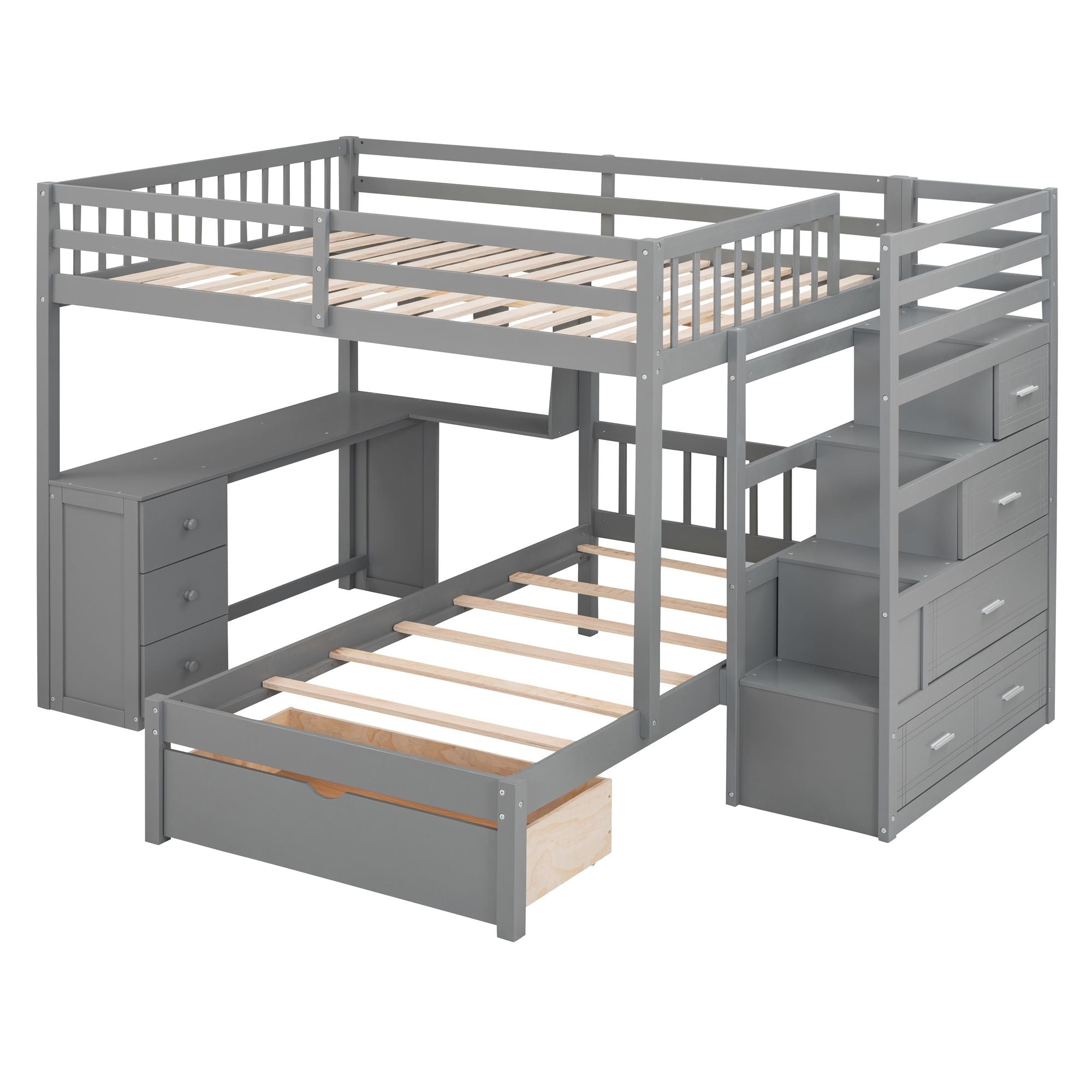 Shared Kids Room Full Over Twin Wood Bunk Bed with Desk, Drawers, Shelves Gray | Just Better Bunk Beds
