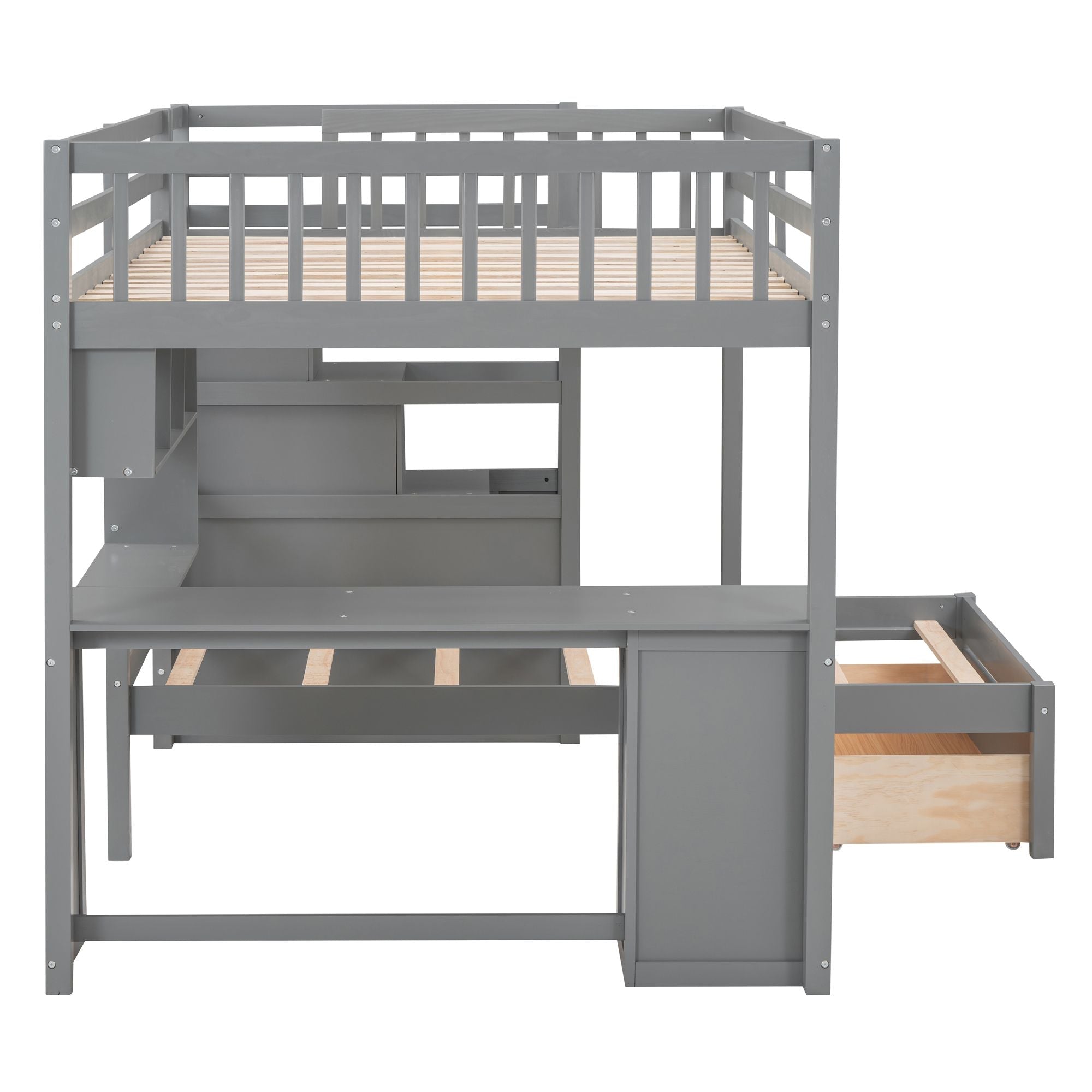 Shared Kids Room Full Over Twin Wood Bunk Bed with Desk, Drawers, Shelves Gray | Just Better Bunk Beds