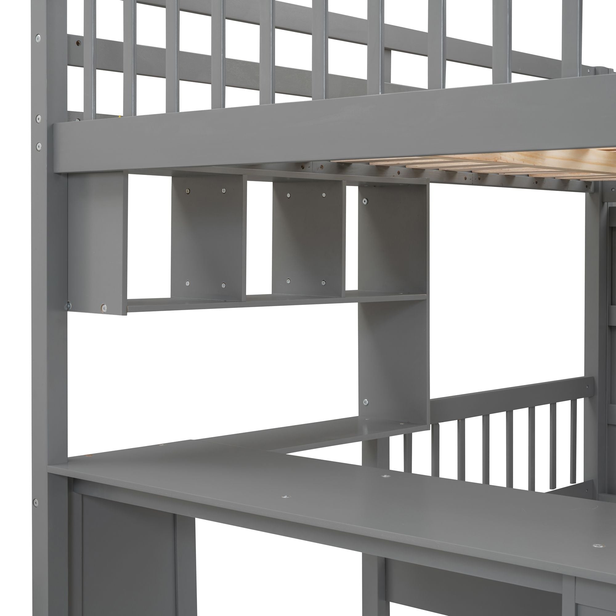 Shared Kids Room Full Over Twin Wood Bunk Bed with Desk, Drawers, Shelves Gray | Just Better Bunk Beds