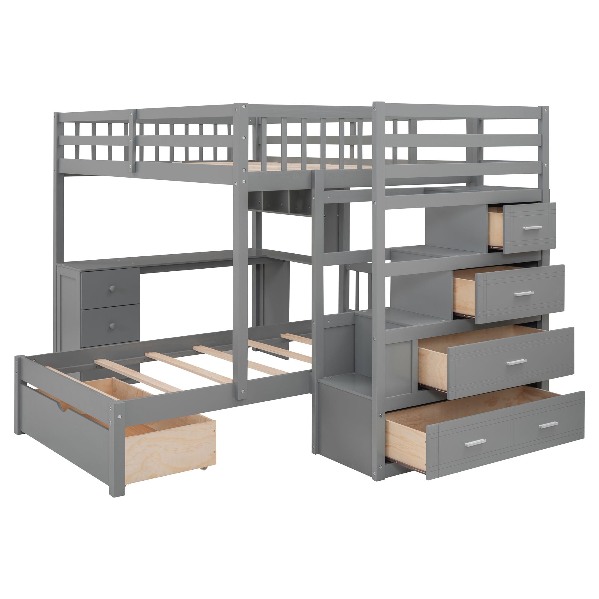 Shared Kids Room Full Over Twin Wood Bunk Bed with Desk, Drawers, Shelves Gray | Just Better Bunk Beds