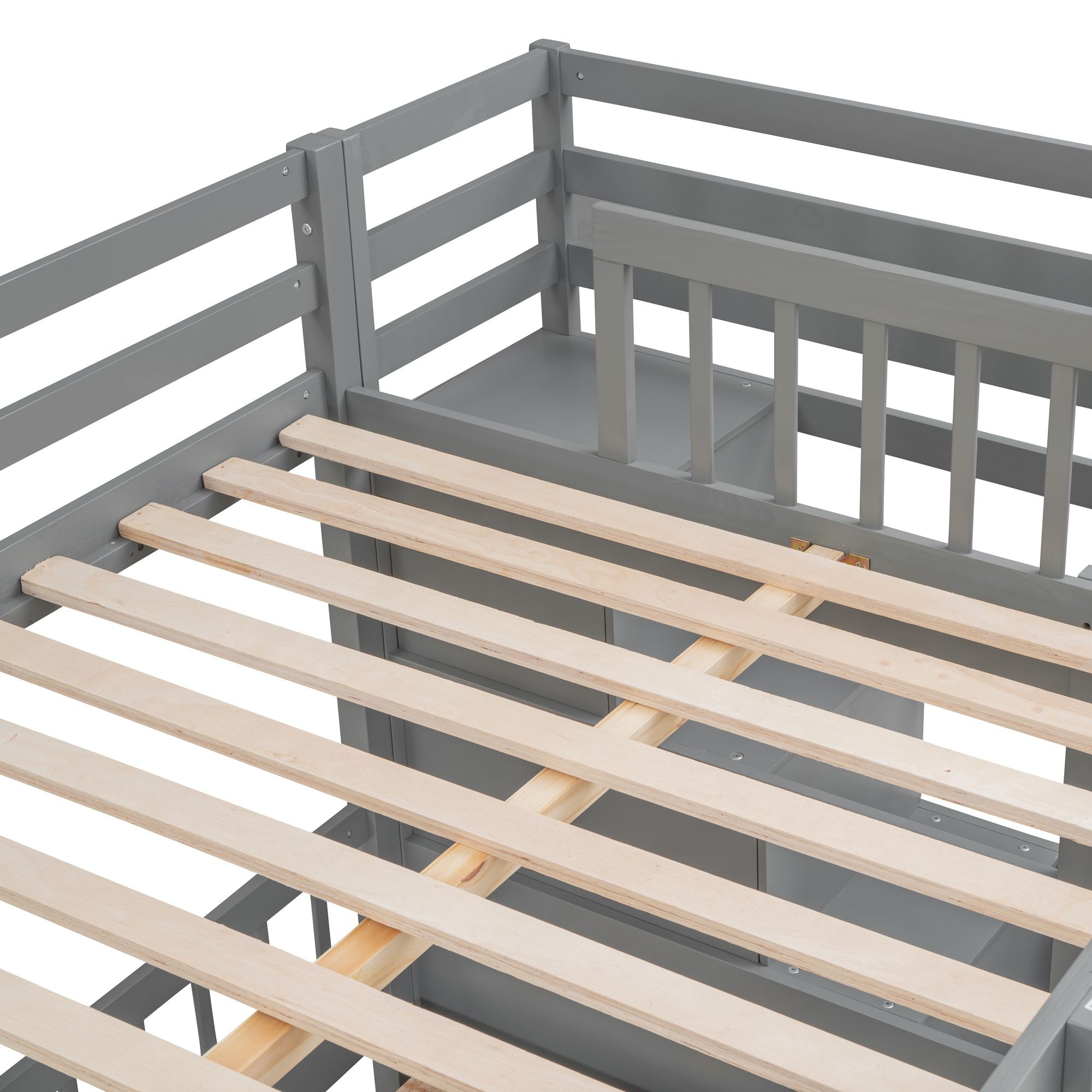 Shared Kids Room Full Over Twin Wood Bunk Bed with Desk, Drawers, Shelves Gray | Just Better Bunk Beds