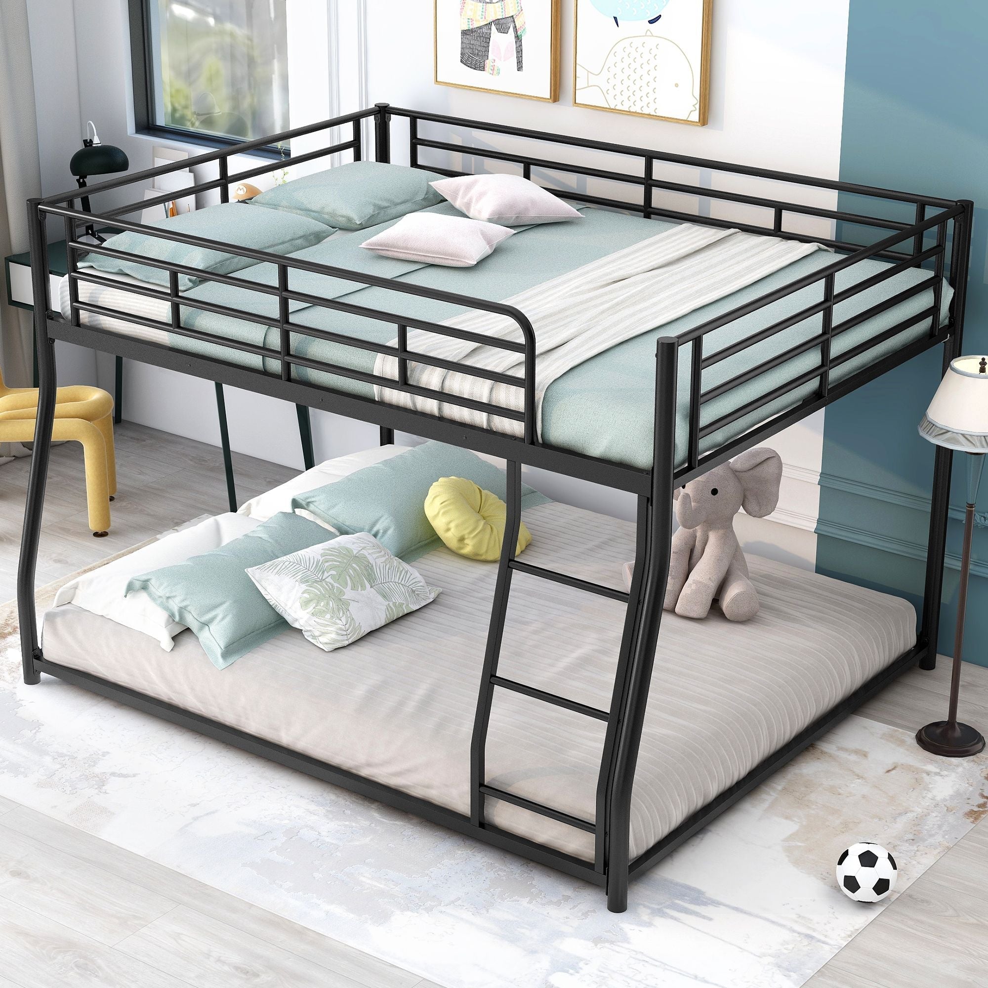 Shared Kids Room Full XL Over Queen Metal Bunk Bed with Ladder, Black | Just Better Bunk Beds