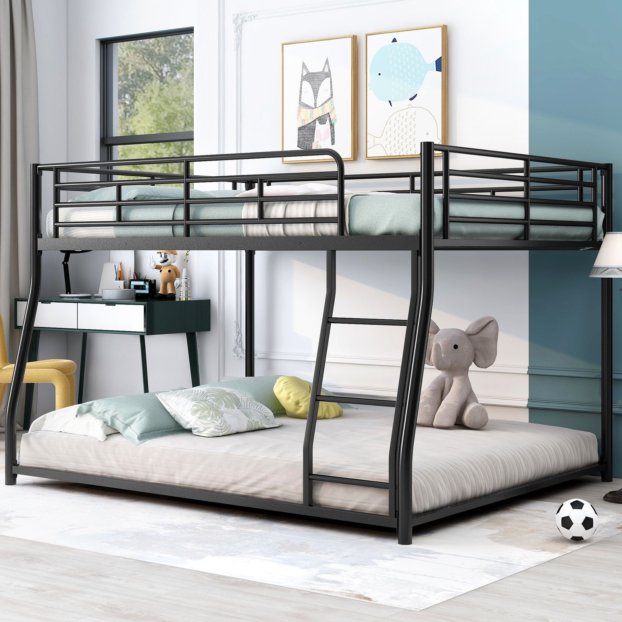 Shared Kids Room Full XL Over Queen Metal Bunk Bed with Ladder, Black | Just Better Bunk Beds