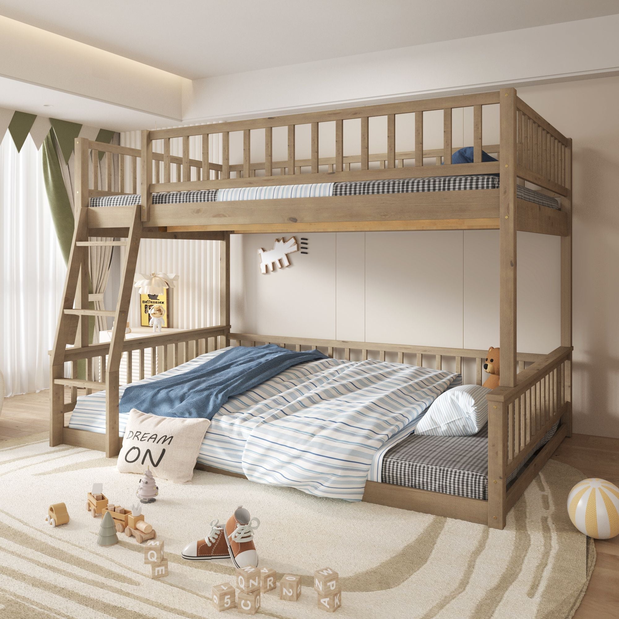 Shared Kids Room Full XL Over Queen Wood Bunk Bed with Ladder and Guardrails Walnut Finish | Just Better Bunk Beds
