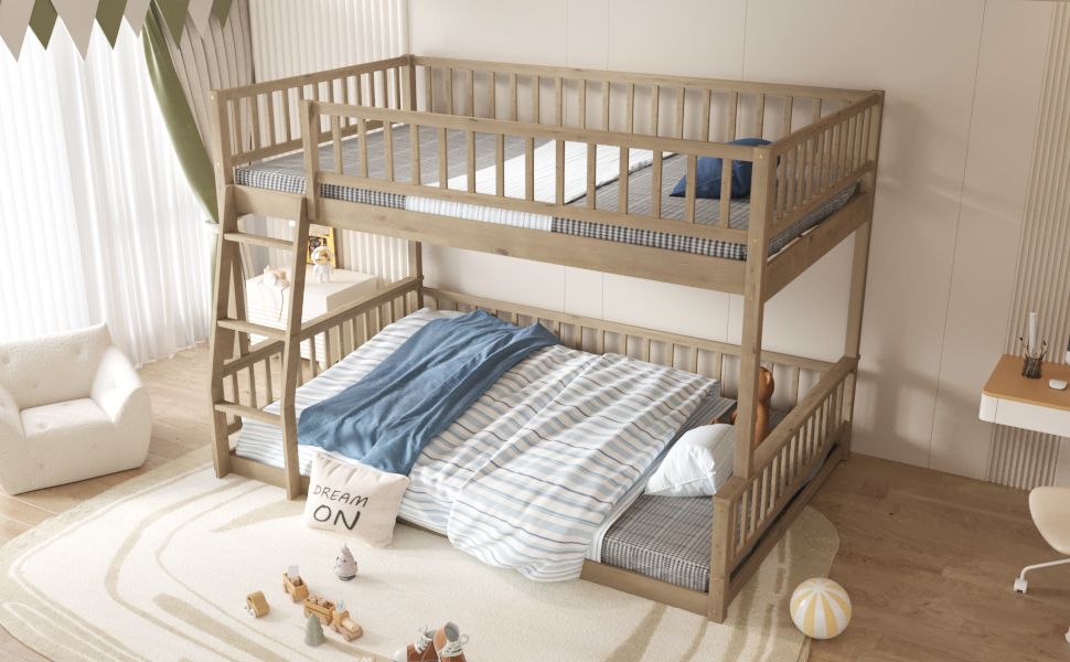 Shared Kids Room Full XL Over Queen Wood Bunk Bed with Ladder and Guardrails Walnut Finish | Just Better Bunk Beds