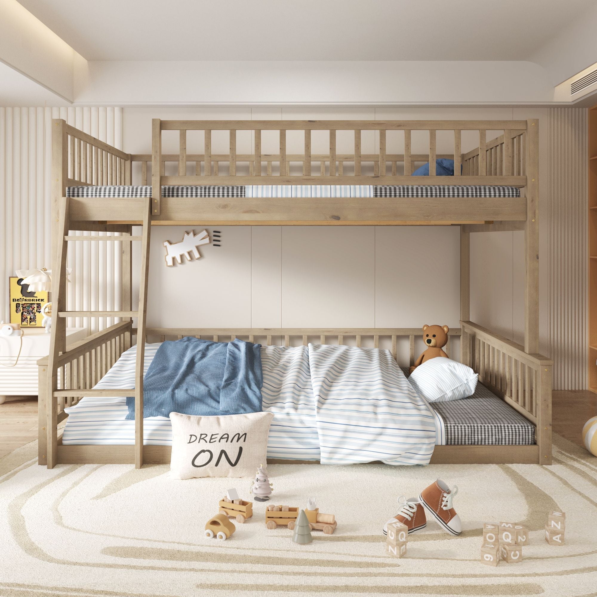 Shared Kids Room Full XL Over Queen Wood Bunk Bed with Ladder and Guardrails Walnut Finish | Just Better Bunk Beds