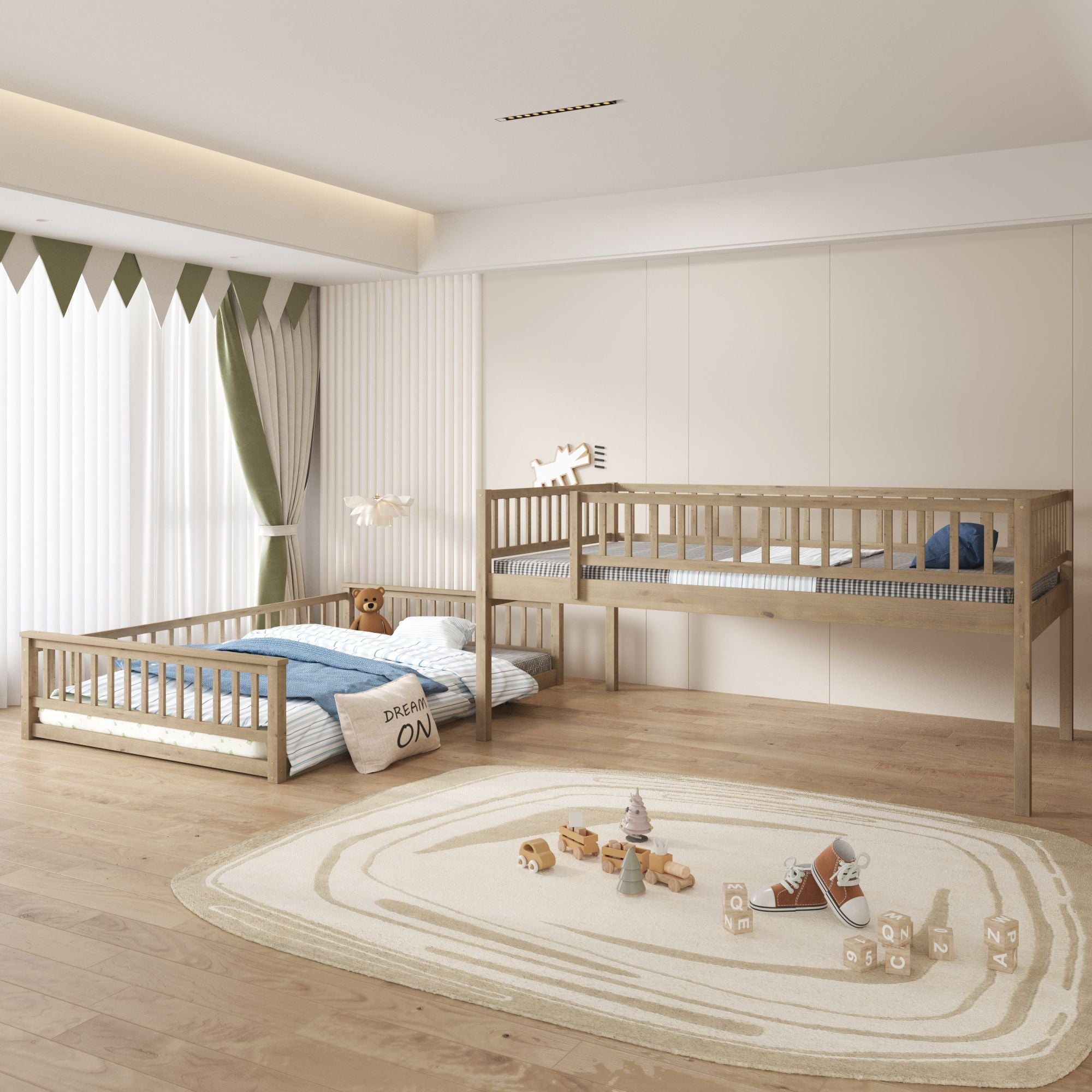 Shared Kids Room Full XL Over Queen Wood Bunk Bed with Ladder and Guardrails Walnut Finish | Just Better Bunk Beds