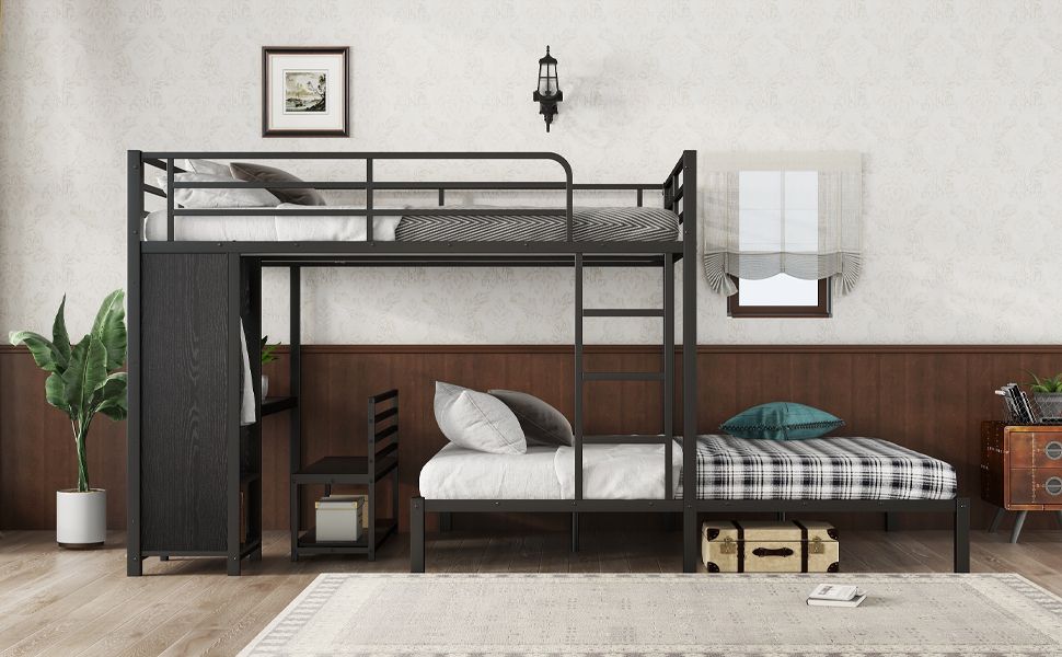 Shared Kids Room Queen Over Queen Metal Bunk Bed with Wardrobe, Desk, Storage Chairs in Black | Just Better Bunk Beds