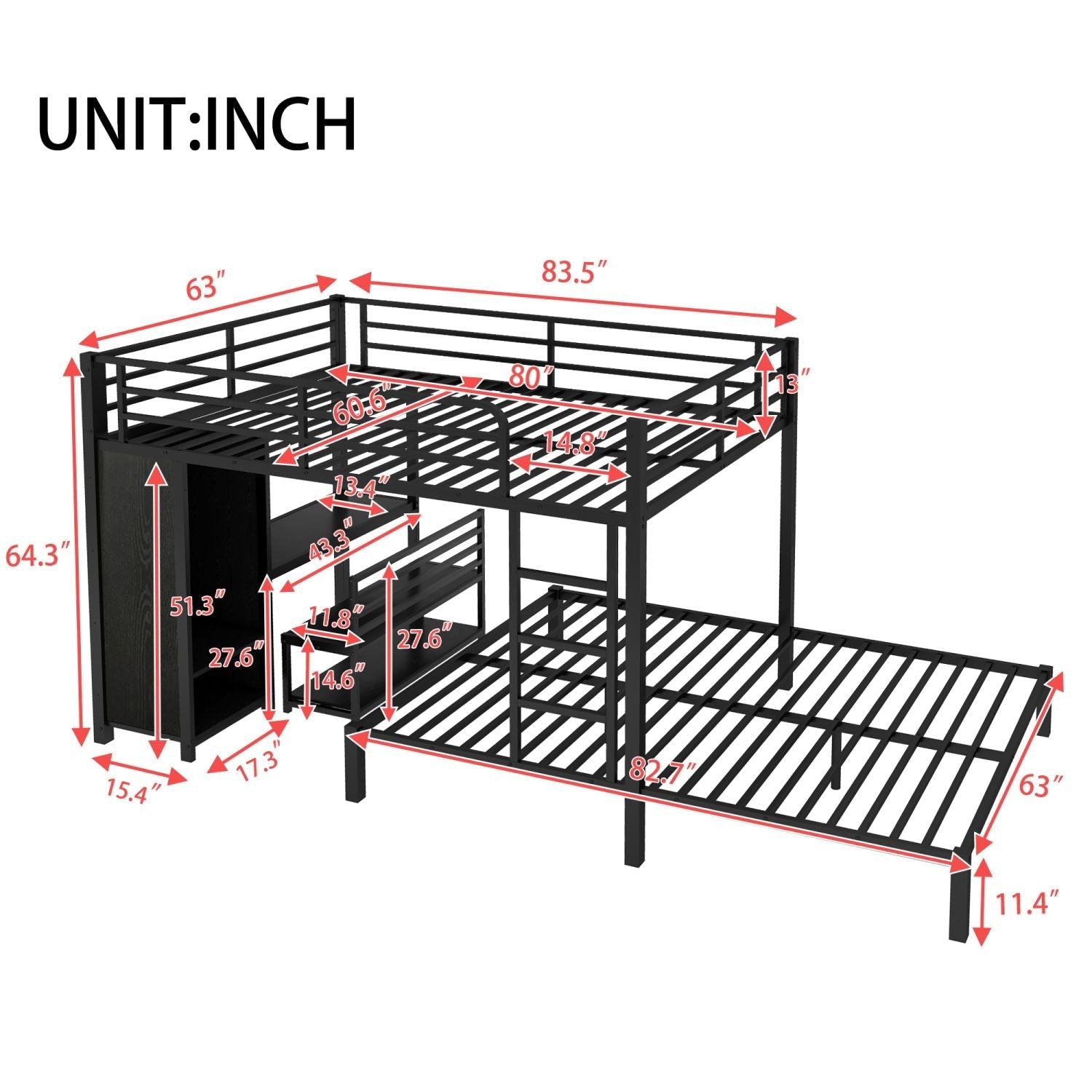 Shared Kids Room Queen Over Queen Metal Bunk Bed with Wardrobe, Desk, Storage Chairs in Black | Just Better Bunk Beds