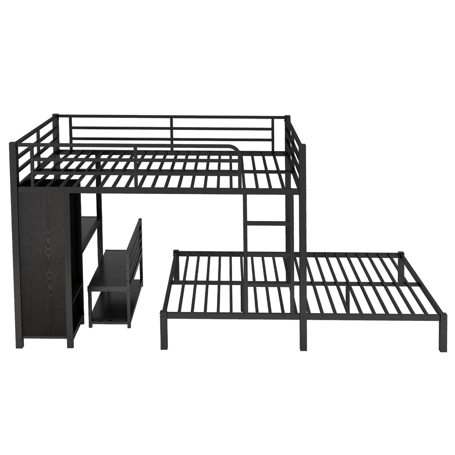 Shared Kids Room Queen Over Queen Metal Bunk Bed with Wardrobe, Desk, Storage Chairs in Black | Just Better Bunk Beds