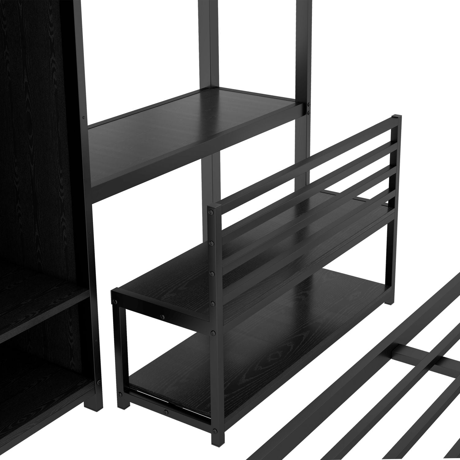 Shared Kids Room Queen Over Queen Metal Bunk Bed with Wardrobe, Desk, Storage Chairs in Black | Just Better Bunk Beds
