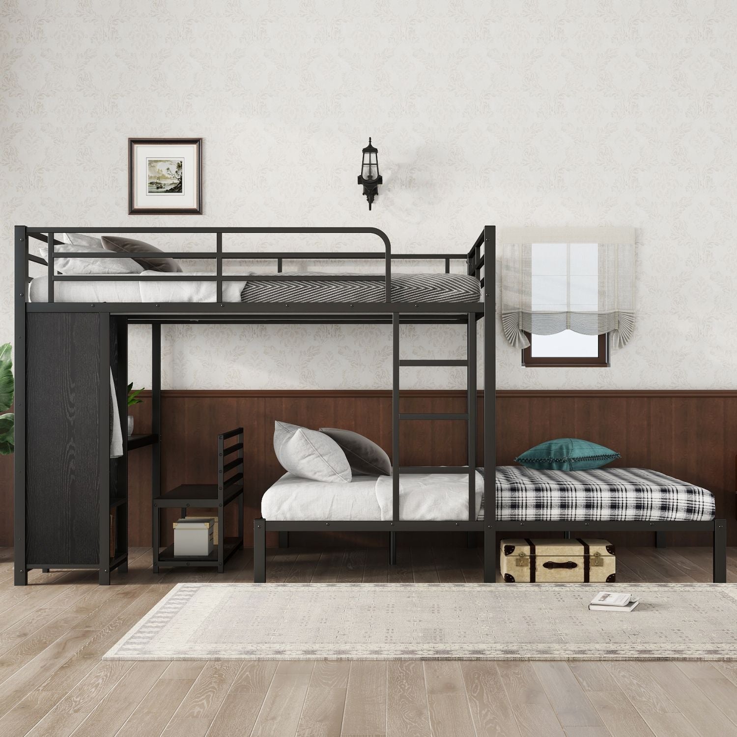 Shared Kids Room Queen Over Queen Metal Bunk Bed with Wardrobe, Desk, Storage Chairs in Black | Just Better Bunk Beds